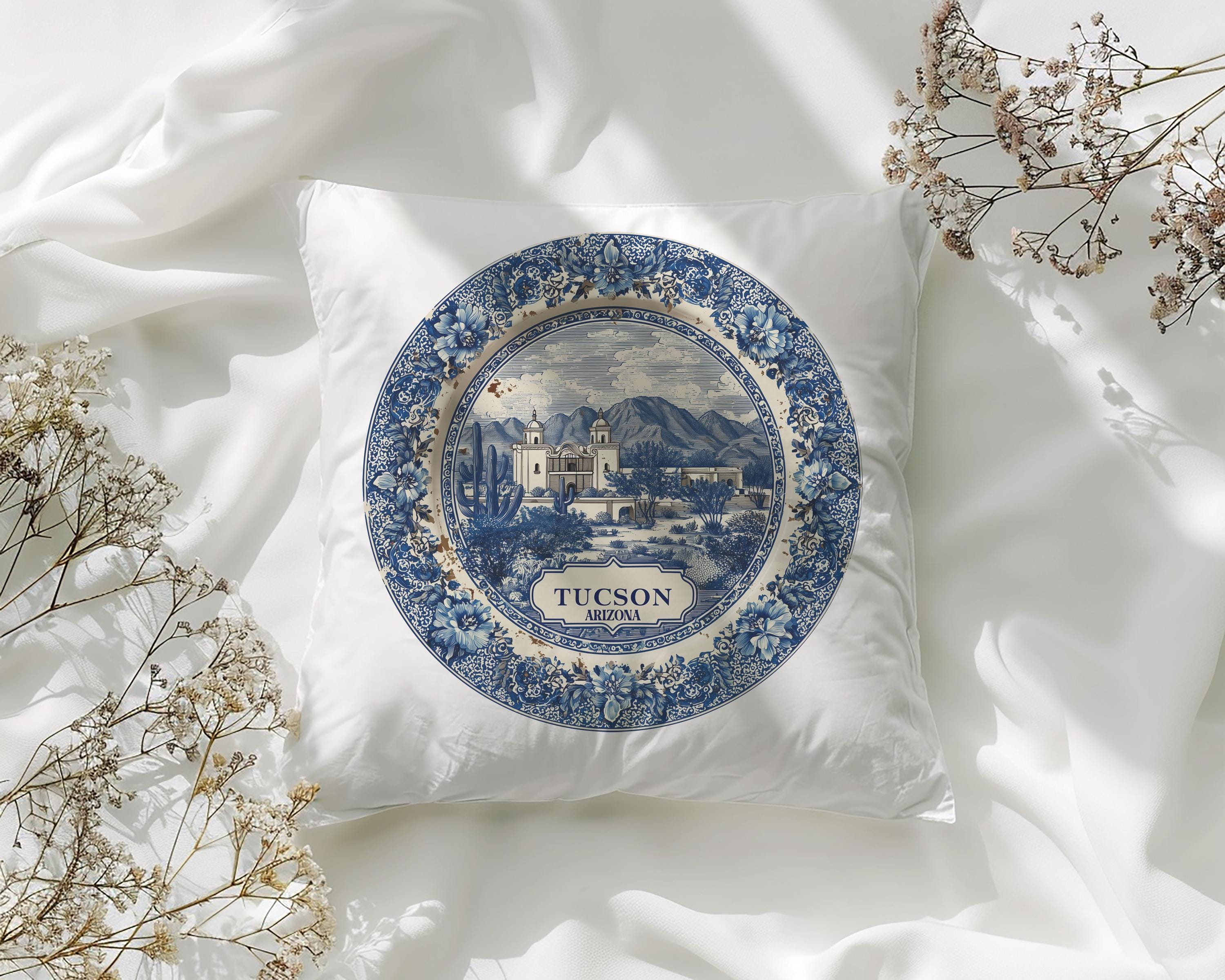 Tucson Arizona Pillowcase, Delft Style Decorative Throw Pillow, Vintage Cityscape Retro Home Decor