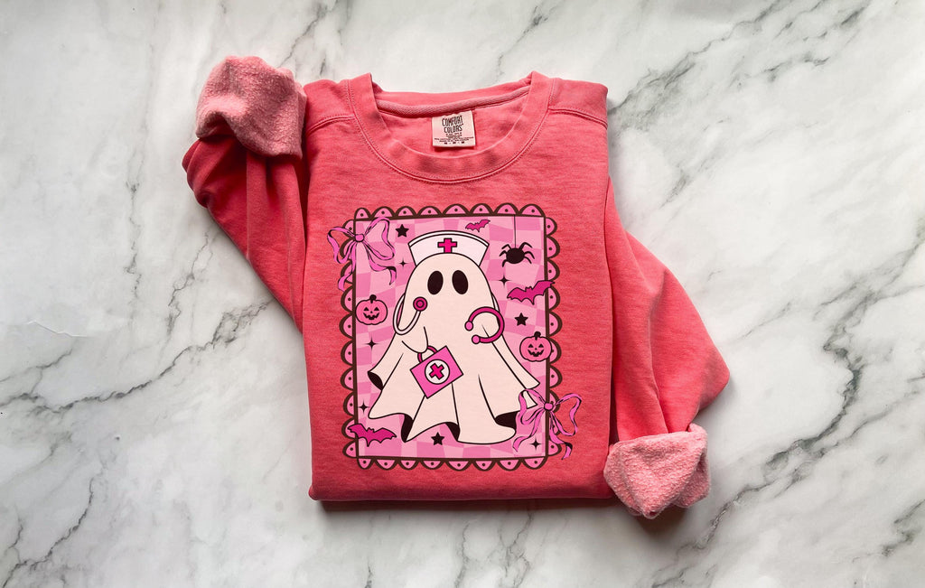 Pink ghost Halloween Nurse Shirt, Cute Pink Ghost RN Sweatshirt, Spooky Floral Nurse Outfit, Funny Halloween Nurse Gift for Nurse