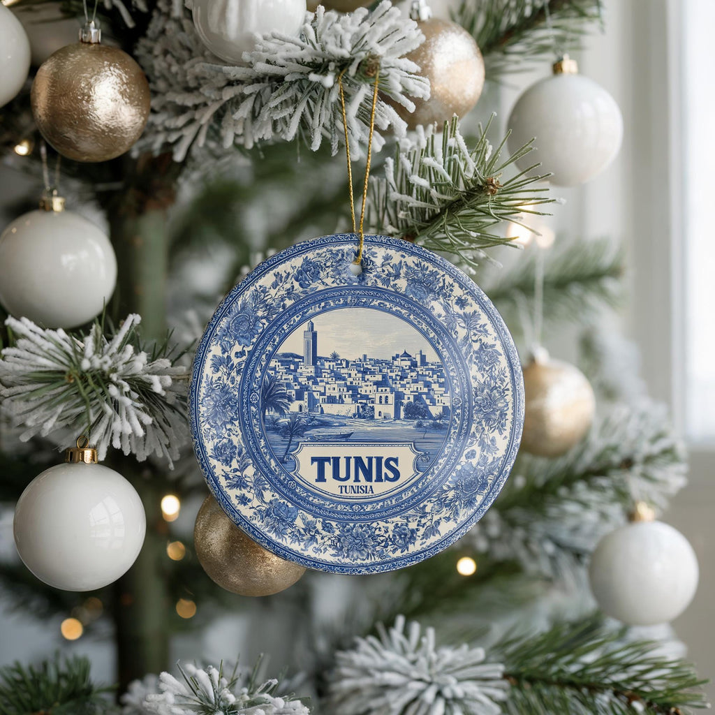 Custom Tunis Tunisia Ceramic Delft Ornament, Christmas Delftware Blue Delftware city travel