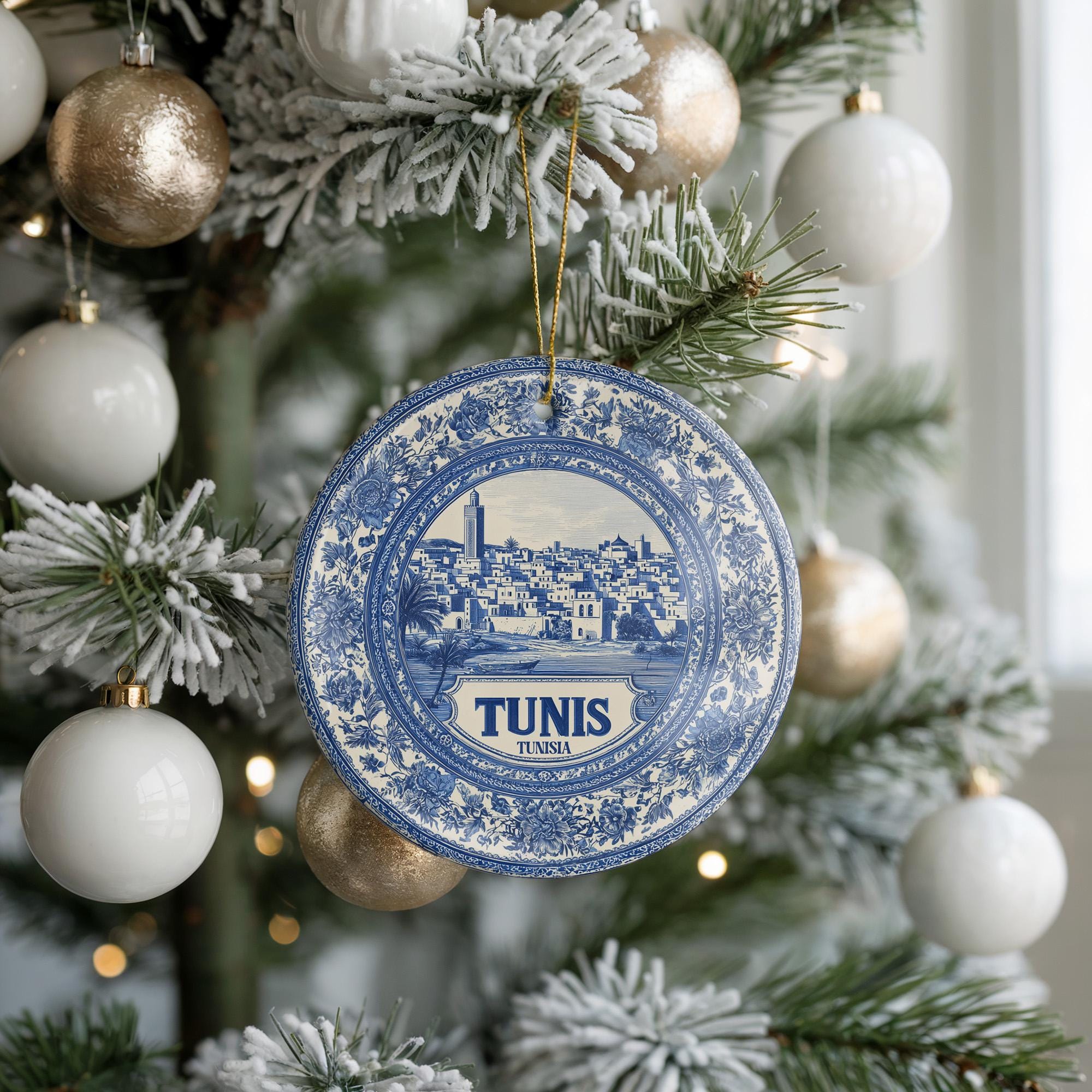 Custom Tunis Tunisia Ceramic Delft Ornament, Christmas Delftware Blue Delftware city travel