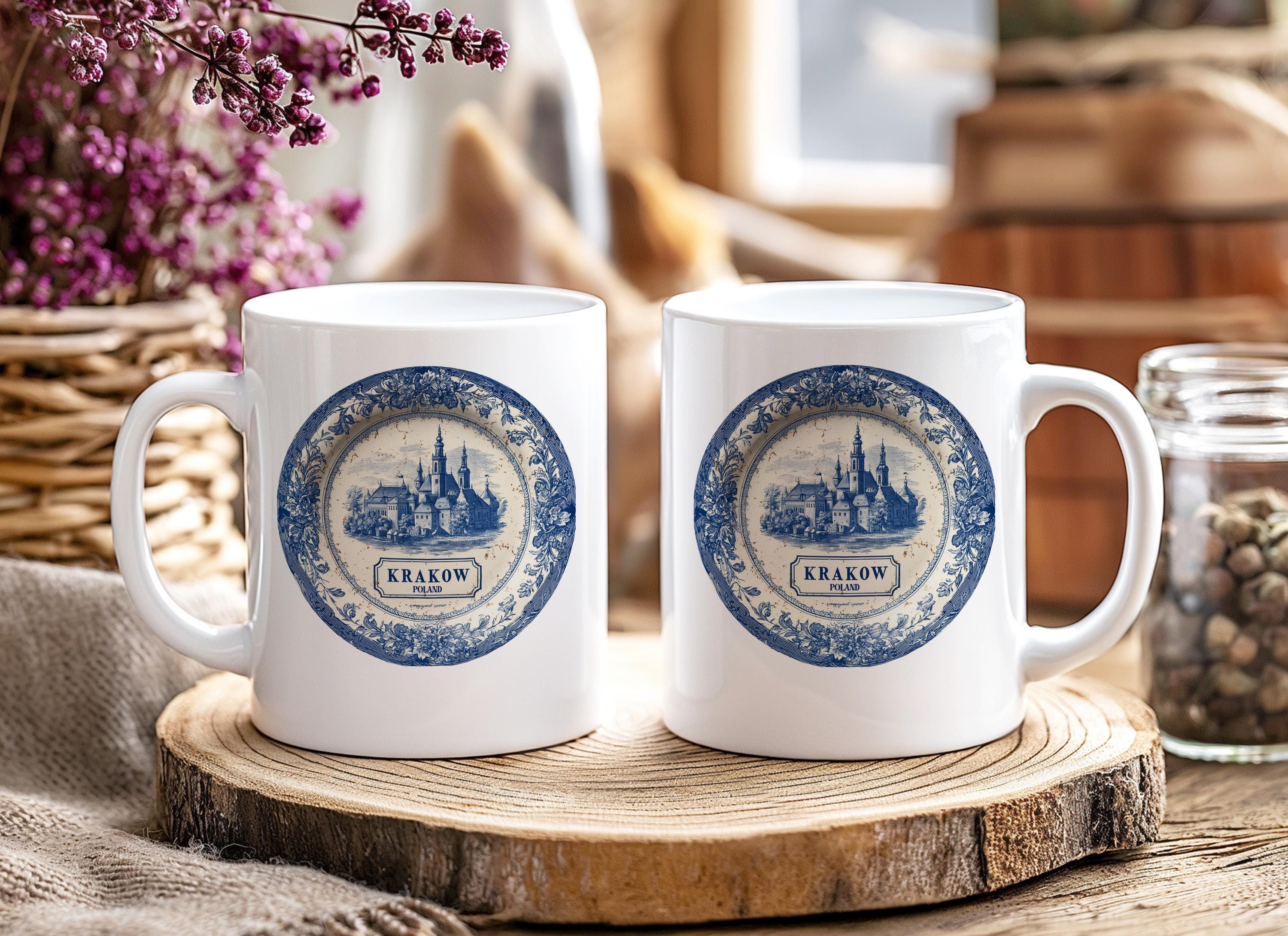 Krakow Poland Mug, Custom Delft Style cup, Personalized Vintage Travel City Gift