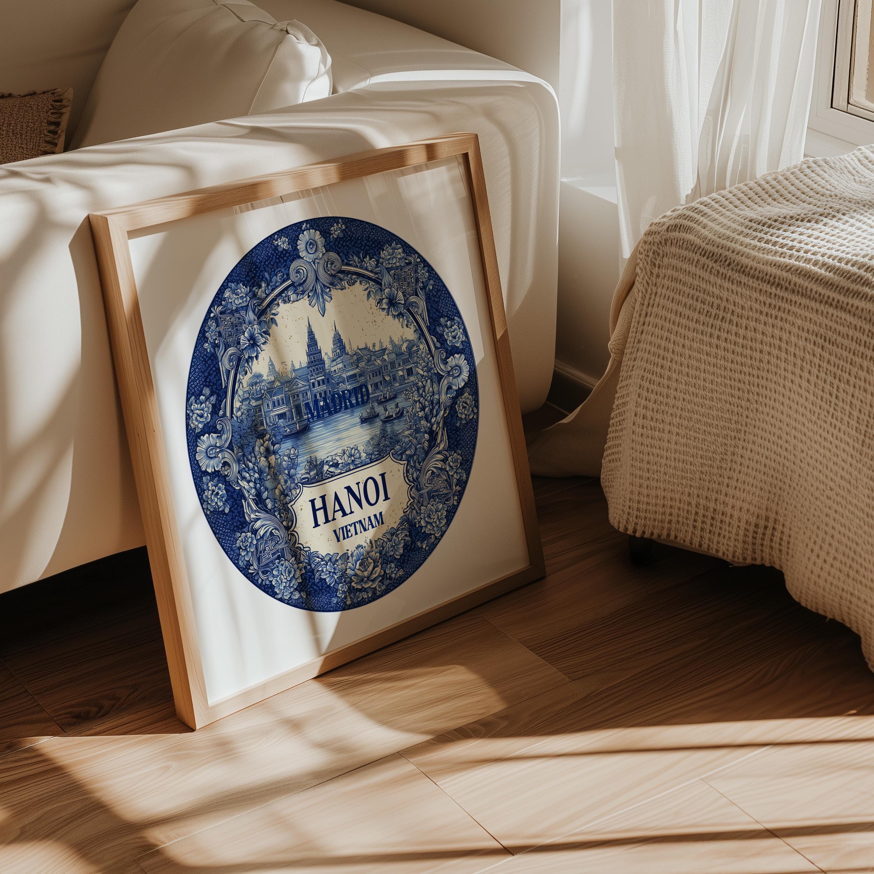 Hanoi Vietnam Wall Art, Vintage Delft Blue Poster, City Print, Travel Home Decor