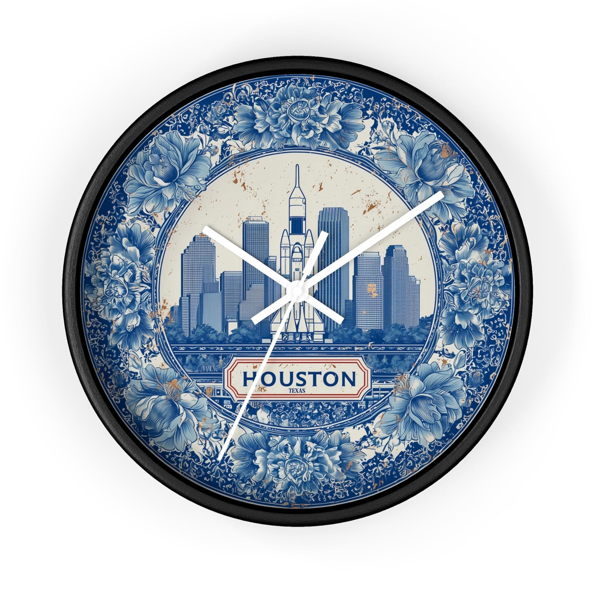 Houston Texas Wall Clock, Delf style Home Decor, Vintage City Travel Keepsake Art
