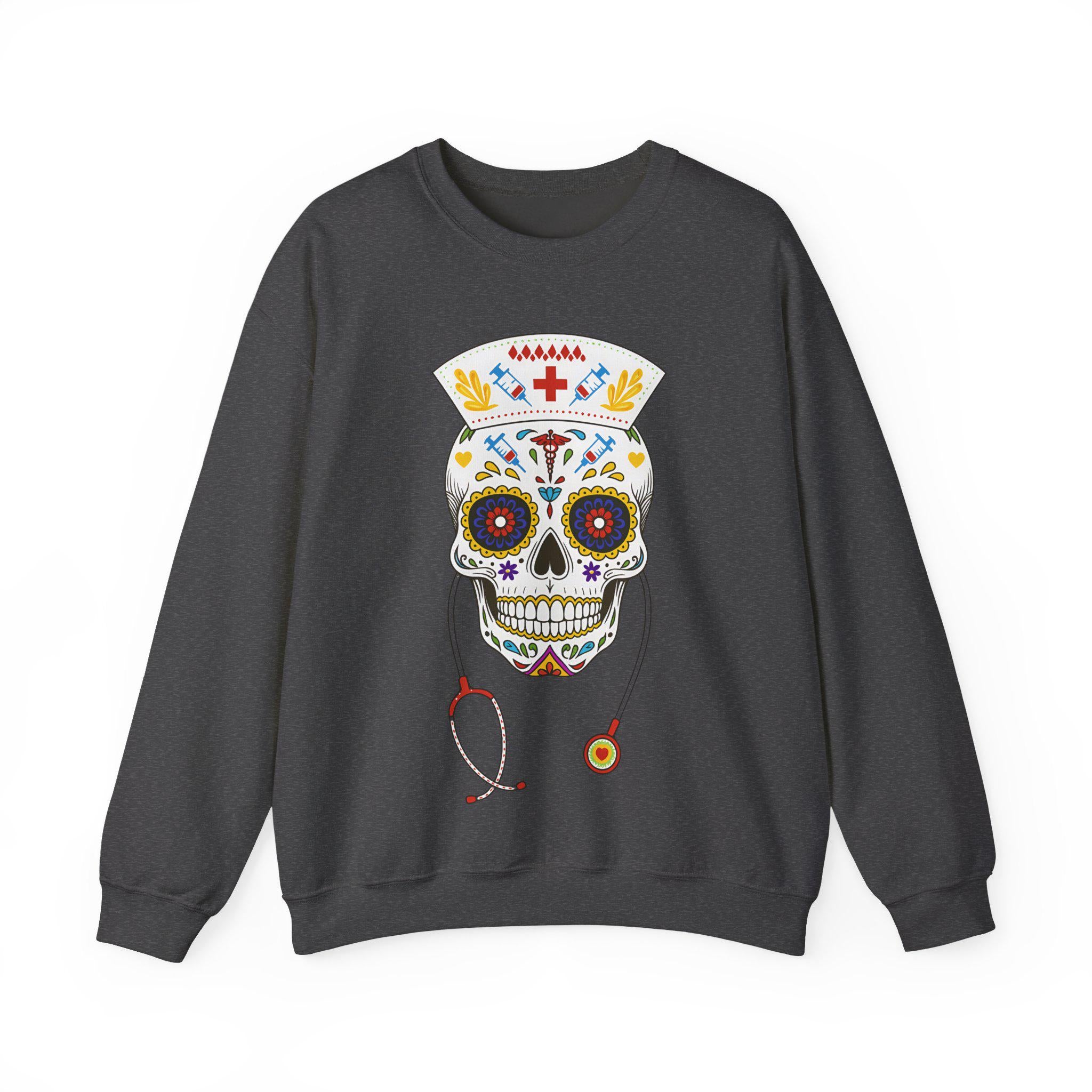 Skull Nurse Sweatshirt, Halloween Sweater, Day of the Dead Nurse, Spooky Nurse Outfit, Nurse Appreciation Gift, Medical Halloween Crewn