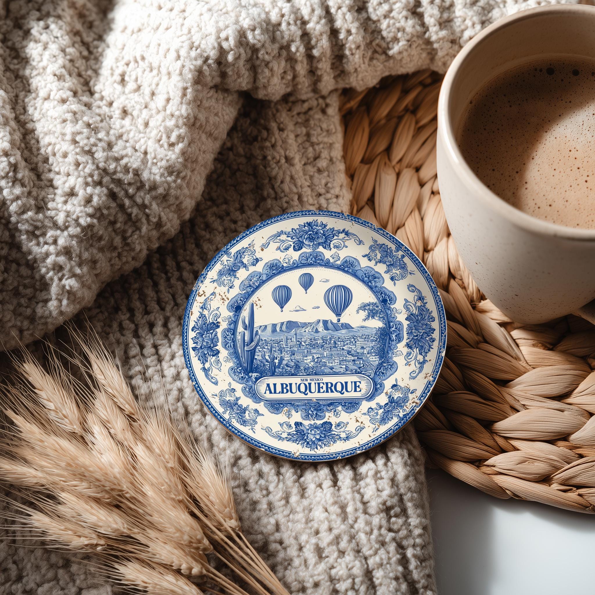 Albuquerque New Mexico Delftware Ceramic Coaster, Blue White Travel Gift, Vintage Home Decor Collectible