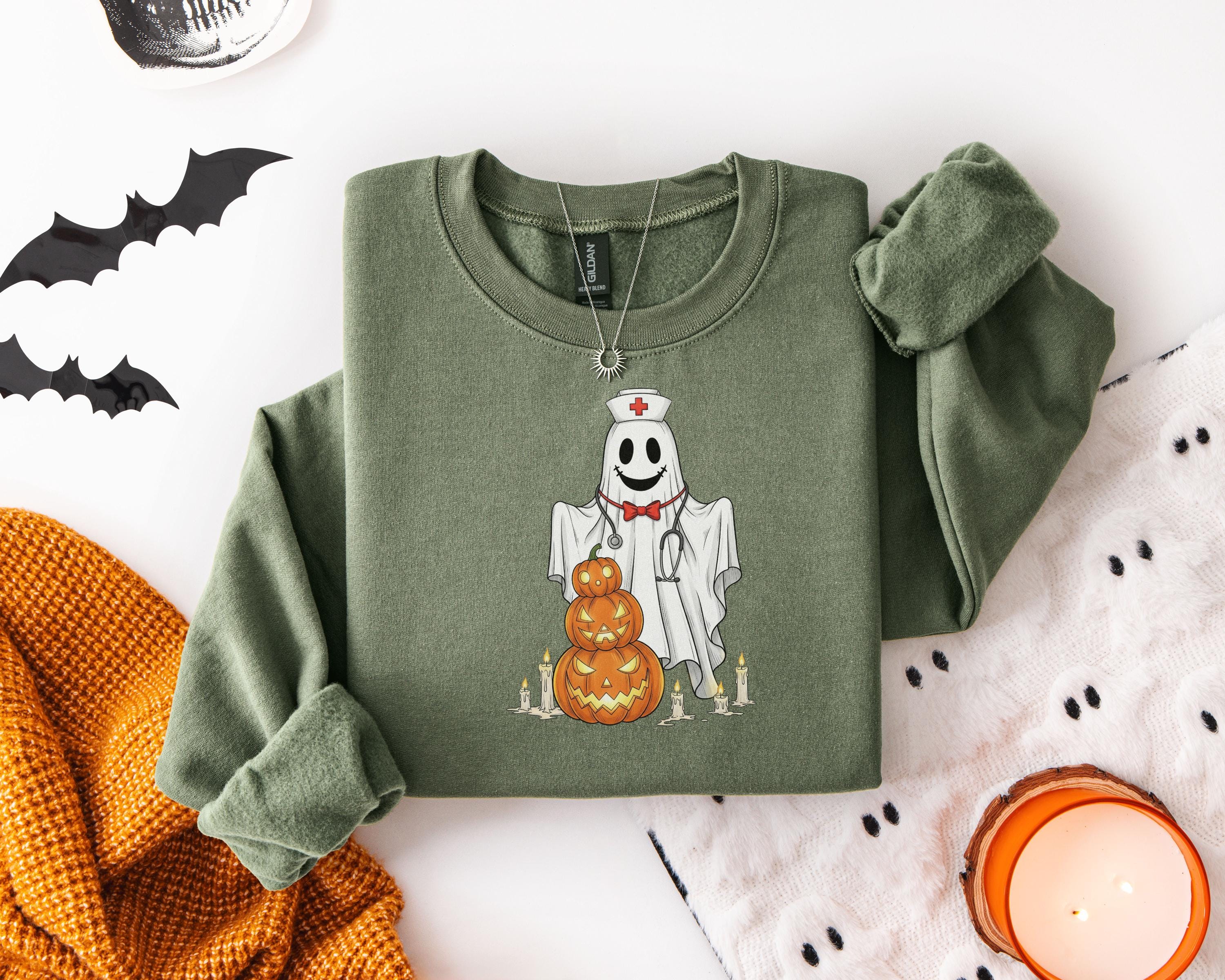 Vintage Ghost & Pumpkin Nurse Halloween Shirt, Spooky season Sweatshirt gift for Nurse and RN