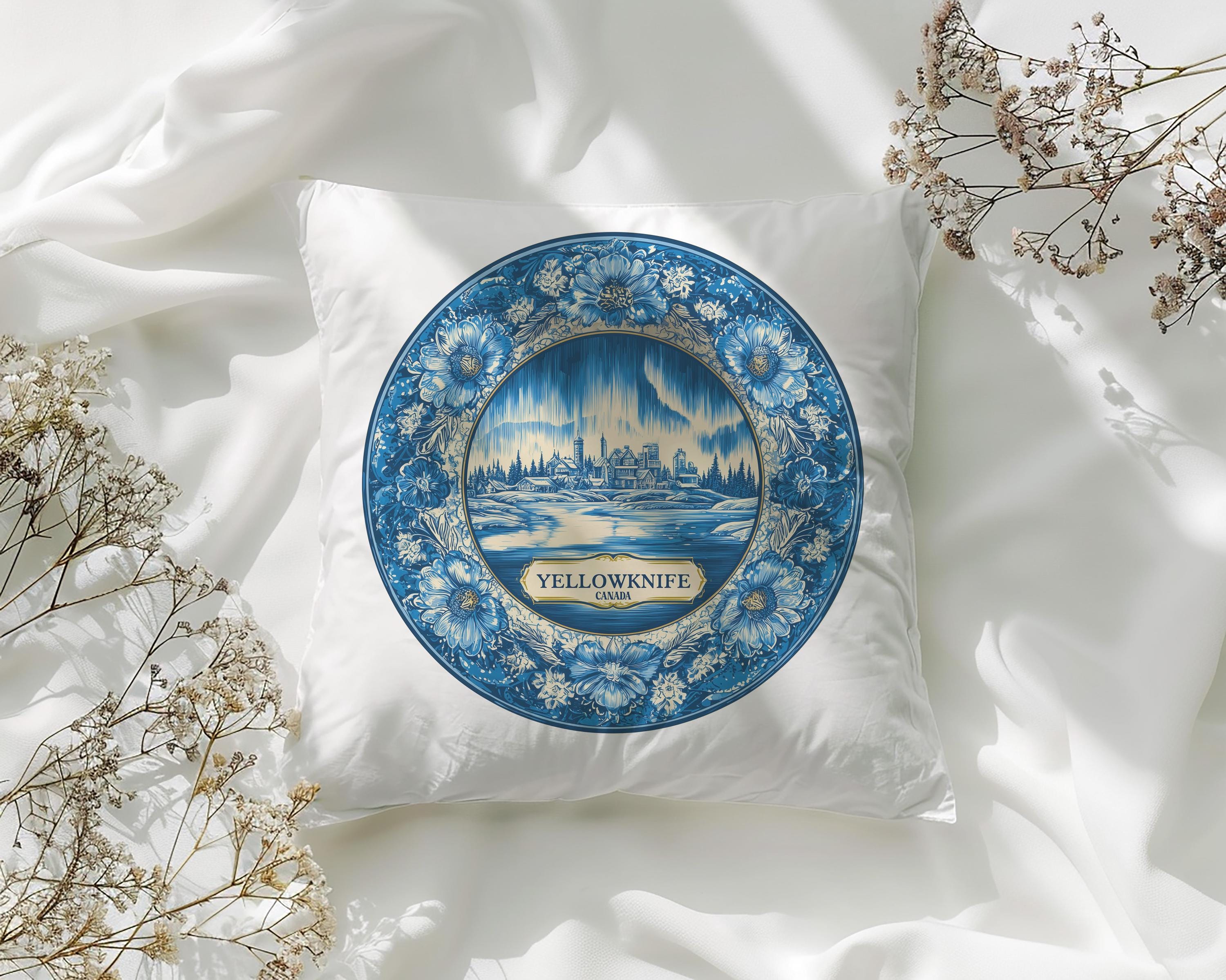 Yellowknife Canada Pillowcase, Delft Style Decorative Throw Pillow, Vintage Cityscape Retro Home Decor