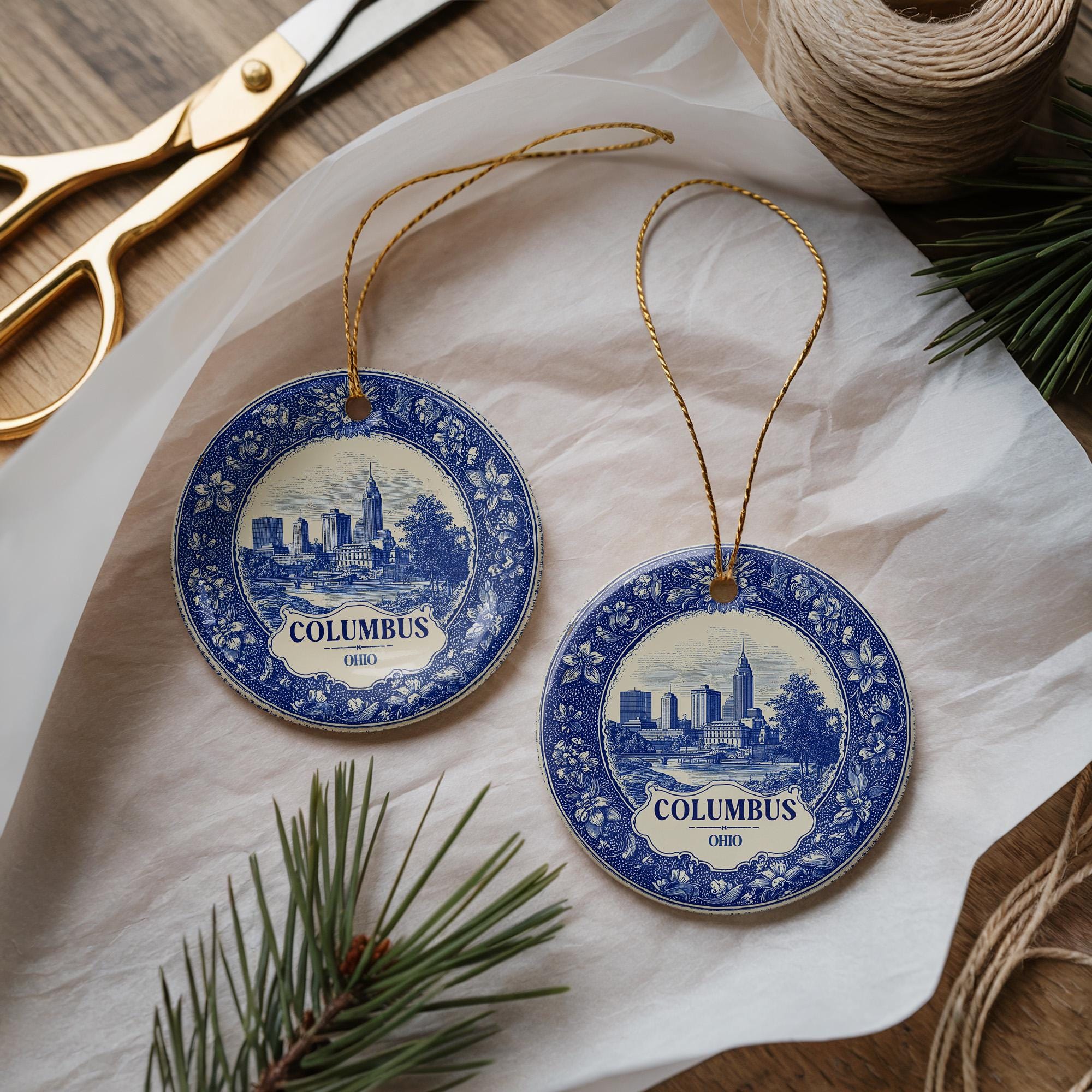 Custom Columbus Ohio Ceramic Delft Ornament, Christmas Delftware Blue Delftware city travel