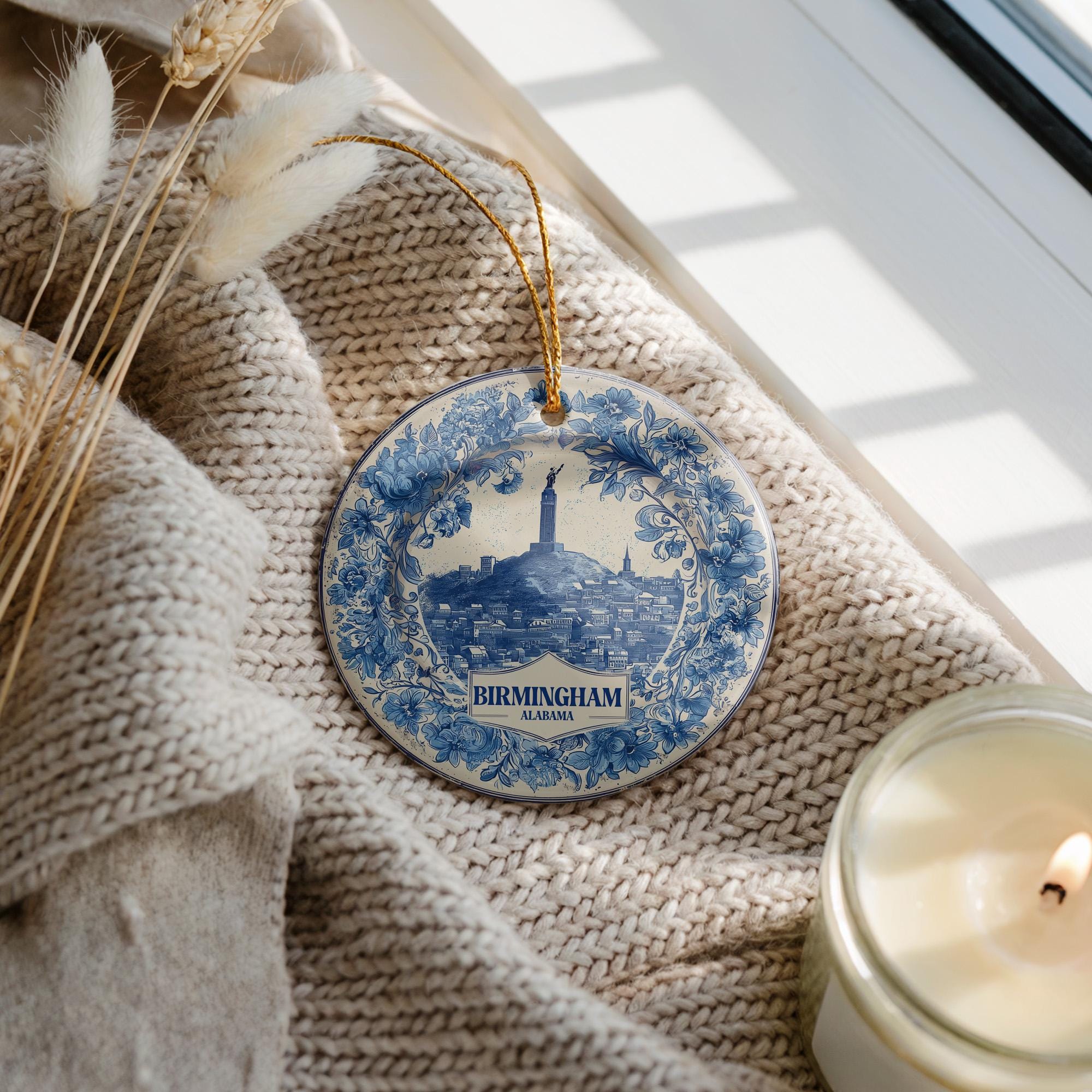 Custom Birmingham Alabama Ceramic Delft Ornament, Christmas Delftware Blue Delftware city travel