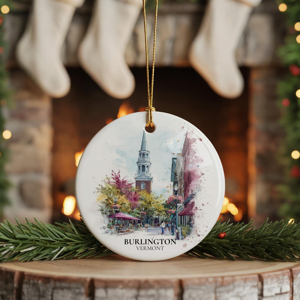 Burlington Vermont Personalized Watercolor Ornament, Custom Ceramic Christmas gift, Travel Keepsake