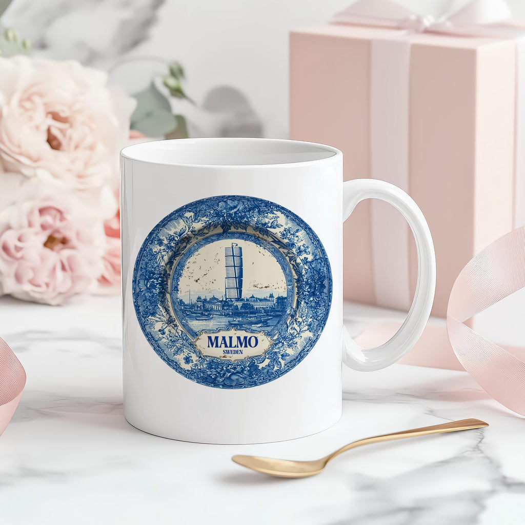 Malmo Sweden Mug, Custom Delft Style cup, Personalized Vintage Travel City Gift