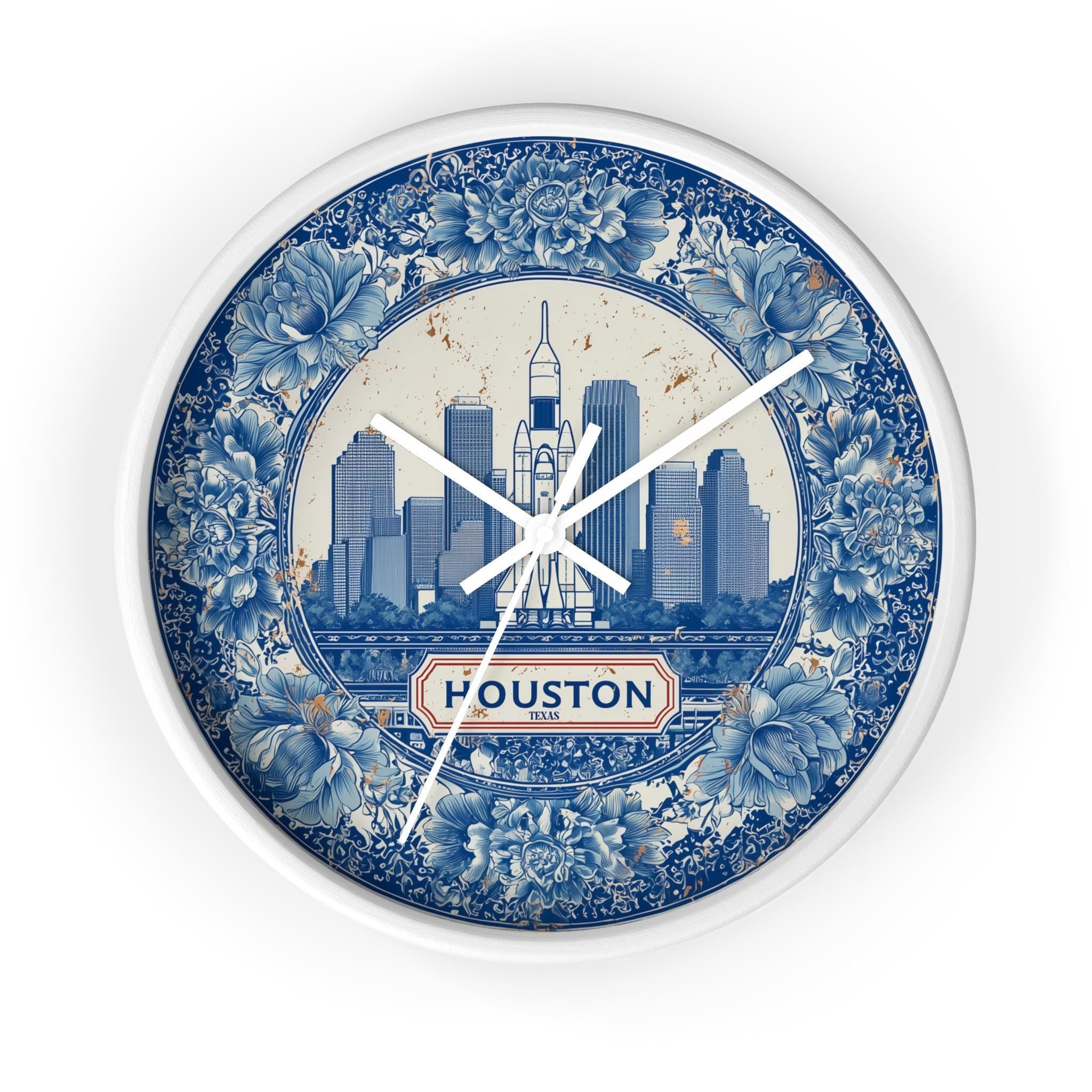 Houston Texas Wall Clock, Delf style Home Decor, Vintage City Travel Keepsake Art