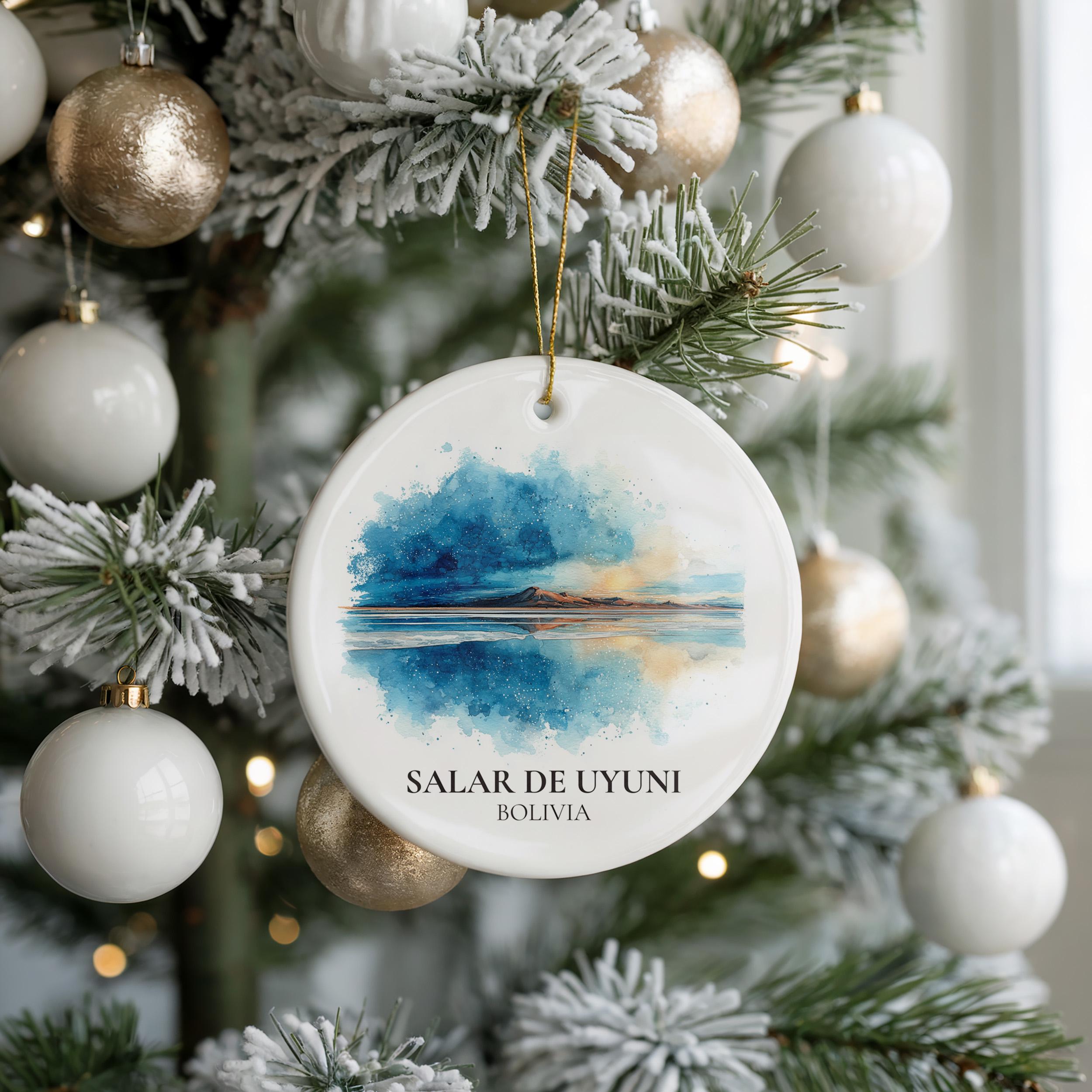 Salar de Uyuni Bolivia Personalized Watercolor Ornament, Custom Ceramic Christmas gift, Travel Keepsake