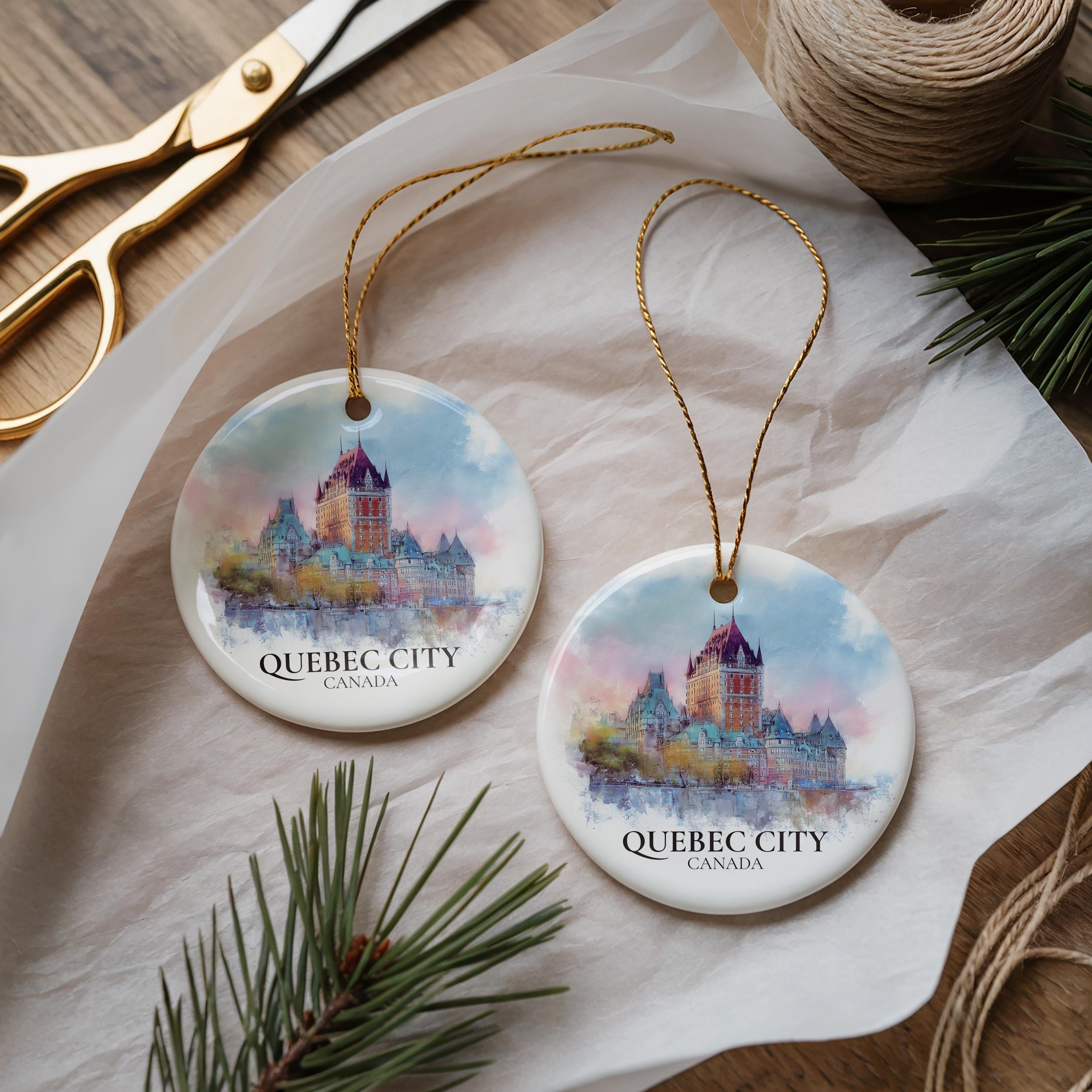 Quebec City Canada Personalized Watercolor Ornament, Custom Ceramic Christmas gift, Travel Keepsake