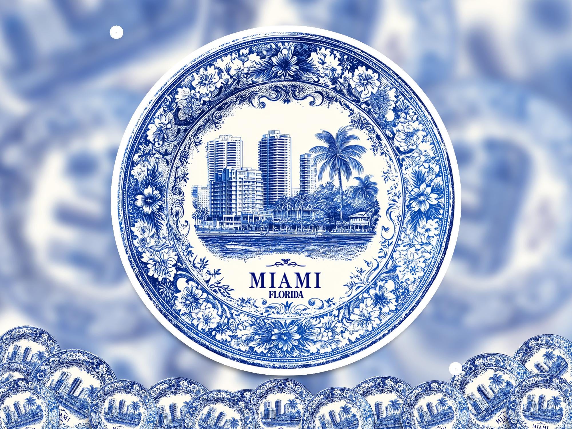 Miami Florida Sticker Vintage Delft style, Delftware Decal Waterproof Vinyl, Blue City Travel