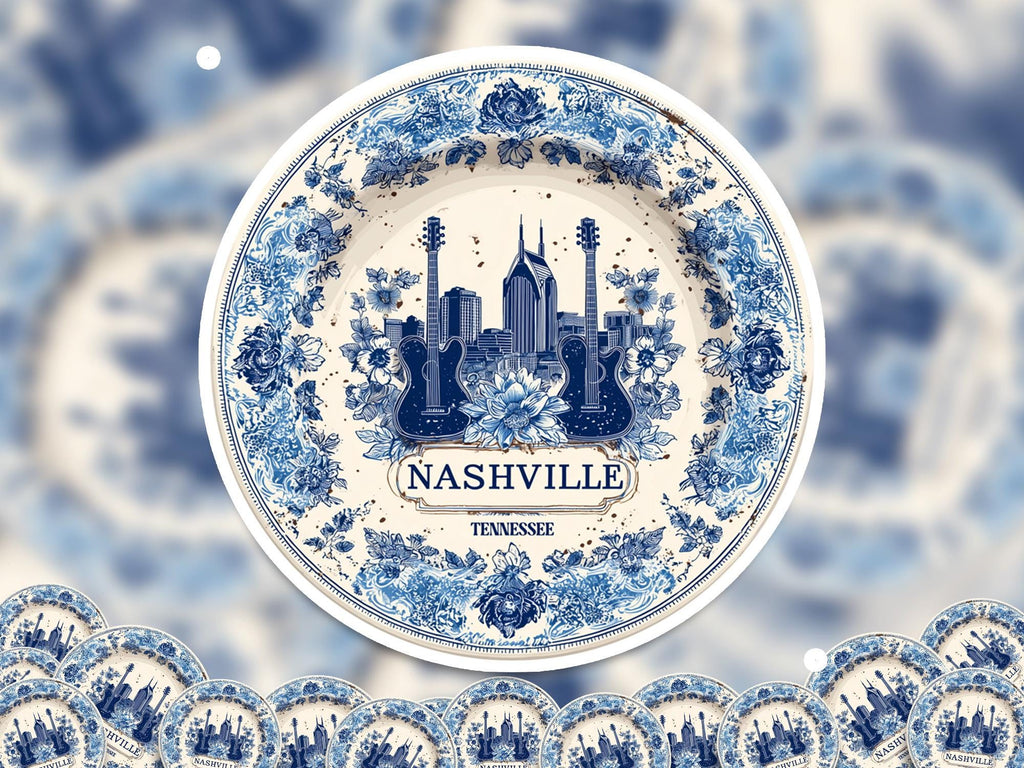 Nashville Tennessee Sticker Vintage Delft style, Delftware Decal Waterproof Vinyl, Blue City Travel
