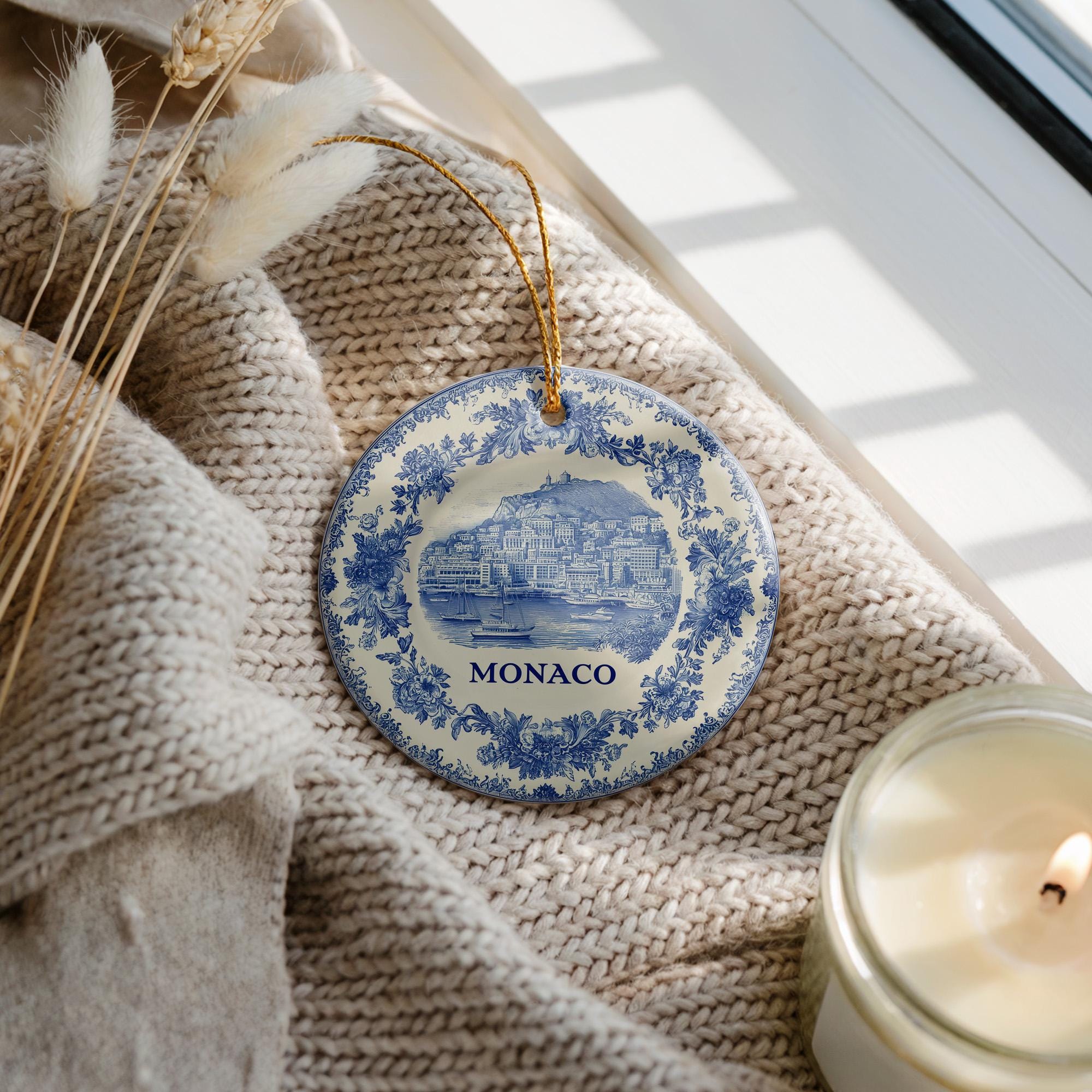 Custom Monaco Ceramic Delft Ornament, Christmas Delftware Blue Delftware city travel
