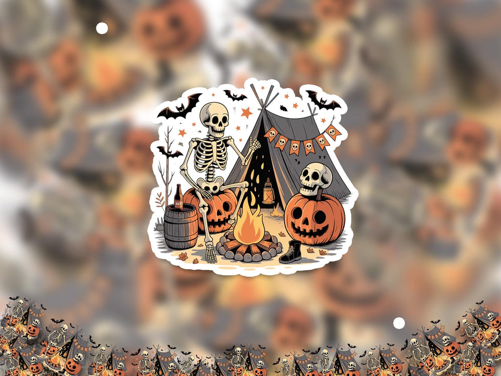 Camping Skeleton Sticker, Spooky Halloween Waterproof Decal for tumbler, kindle