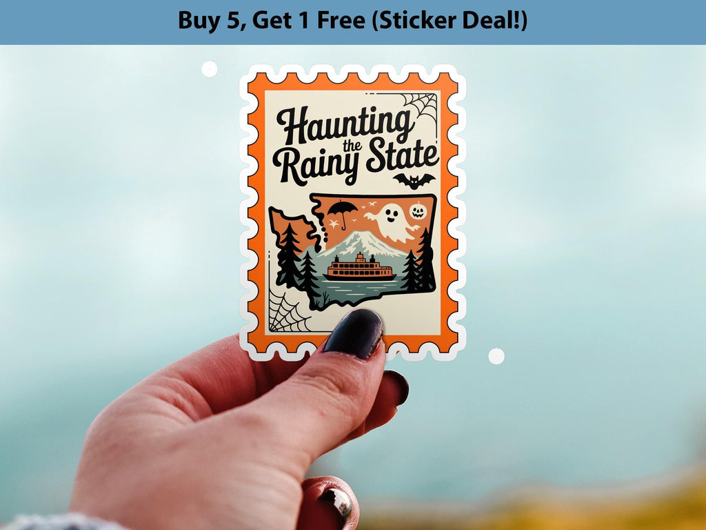 Washington Stamp Halloween Sticker, Spooky USA Kiss-Cut Vinyl, Waterproof Decal, United States Travel