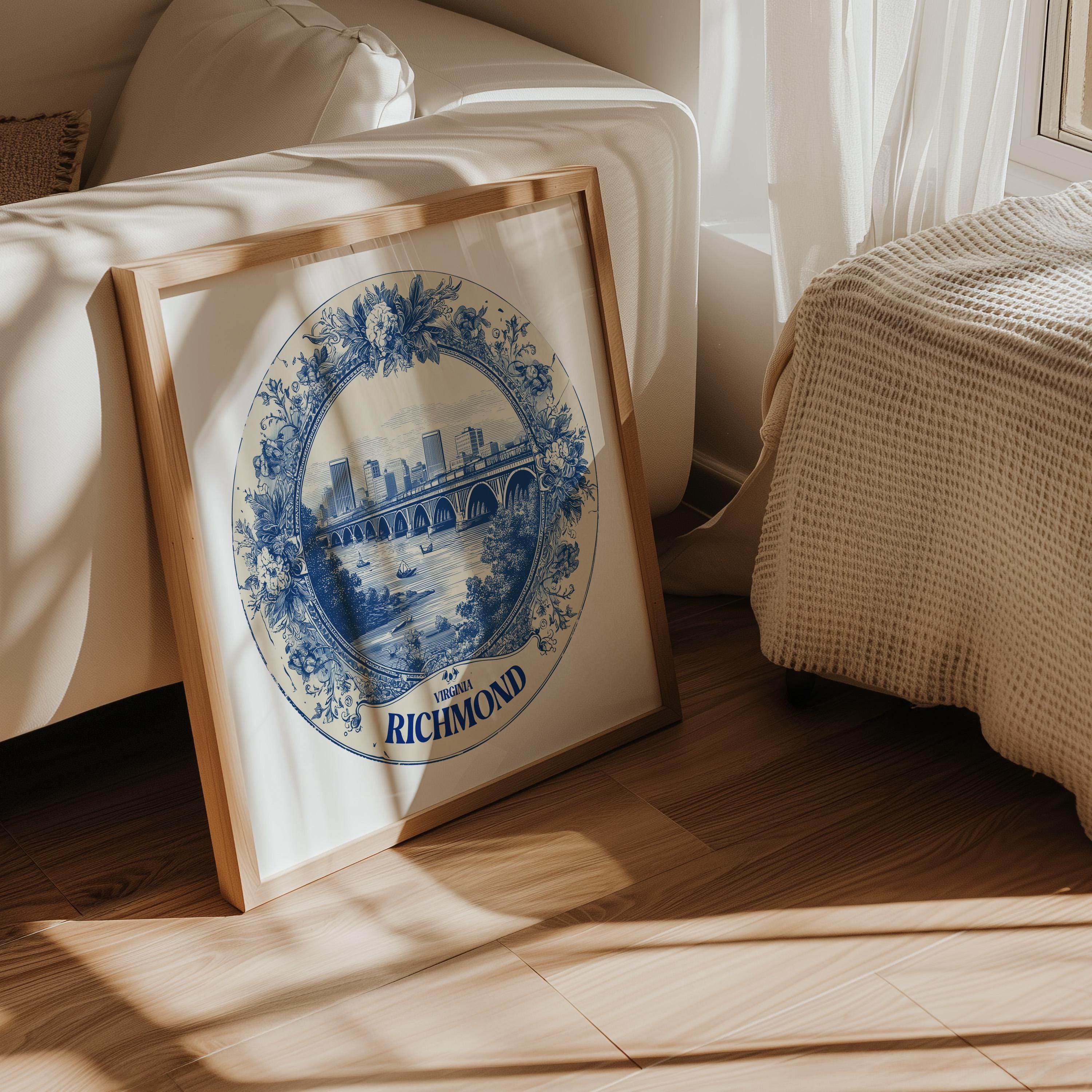 Richmond Virginia Wall Art, Vintage Delft Blue Poster, City Print, Travel Home Decor