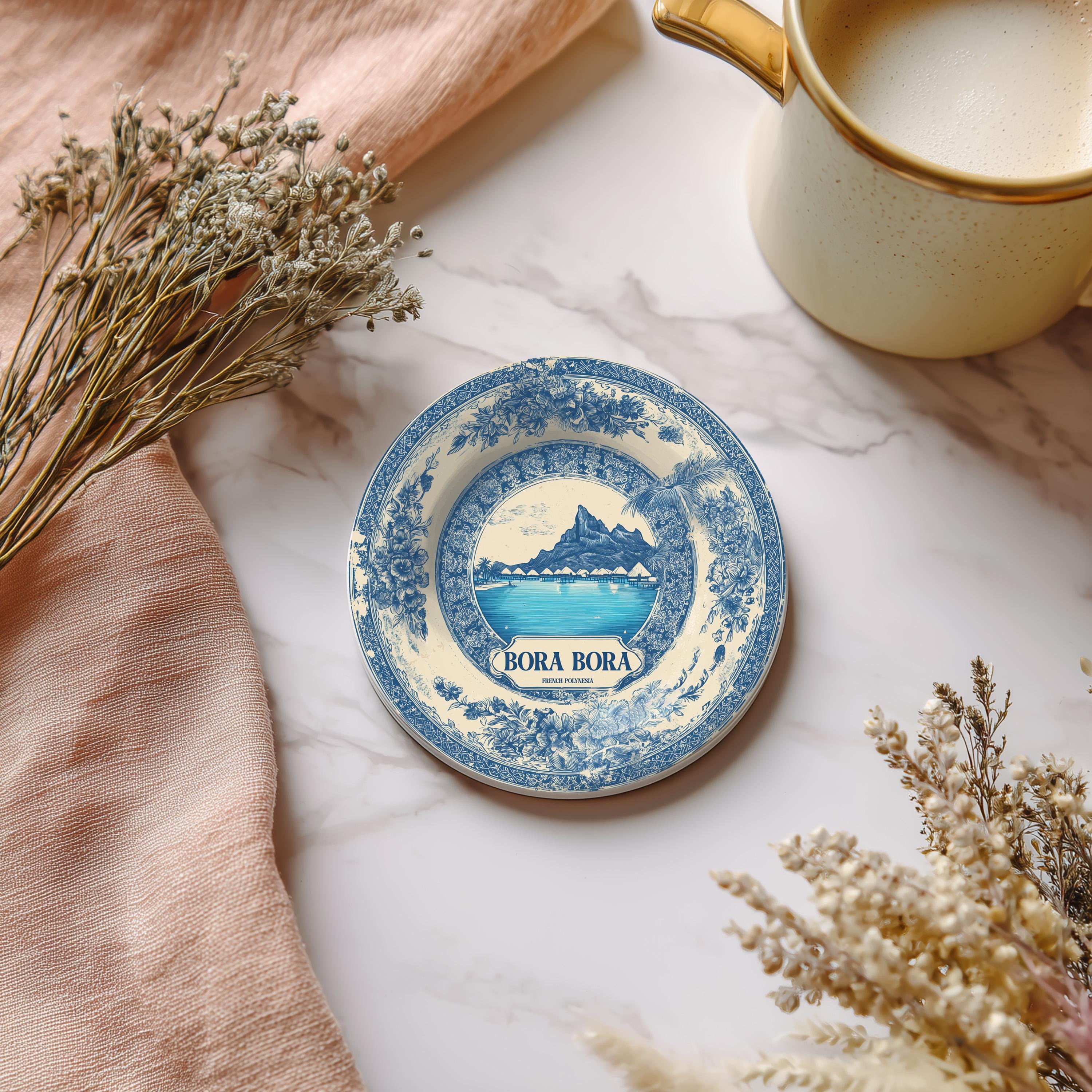 Bora Bora French Polynesia Delftware Ceramic Coaster, Blue White Travel Gift, Vintage Home Decor