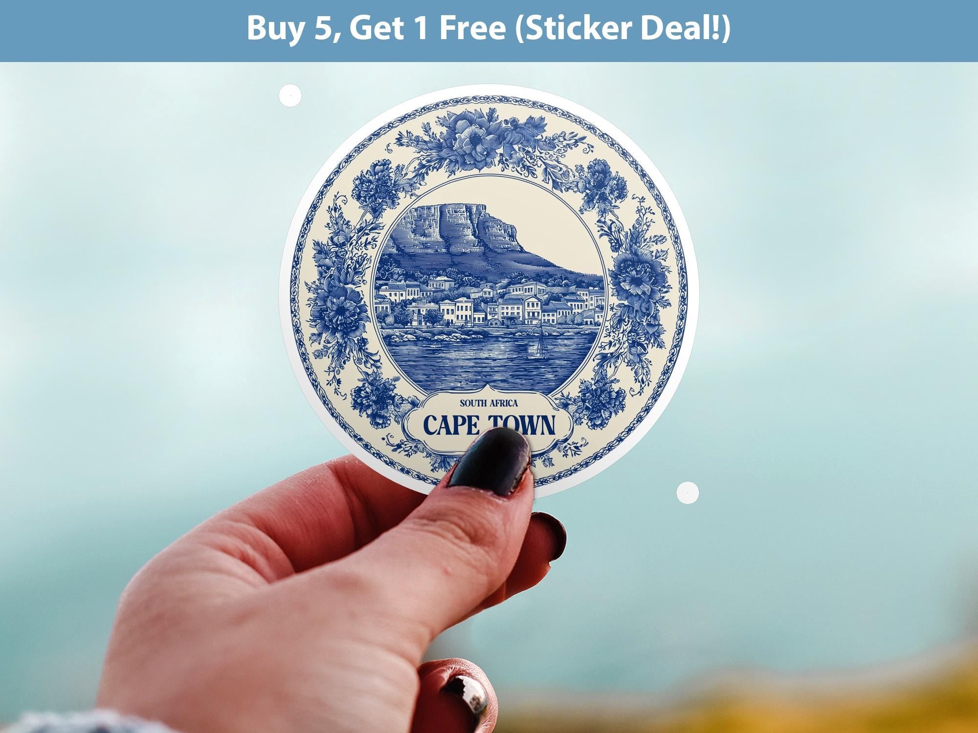 Cape Town South Africa Sticker Vintage Delft style, Delftware Decal Waterproof Vinyl, Blue City Travel