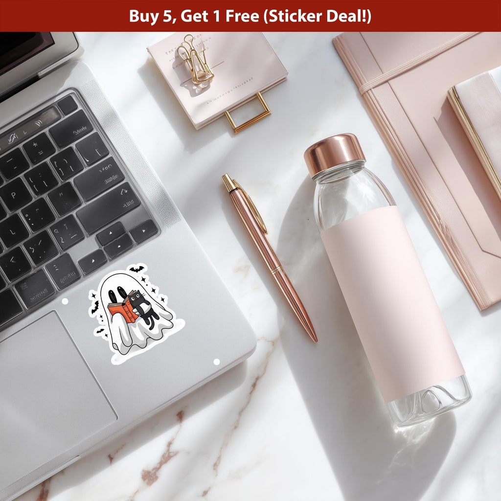Reading ghost Sticker, Spooky Halloween Waterproof Decal for tumbler, kindle