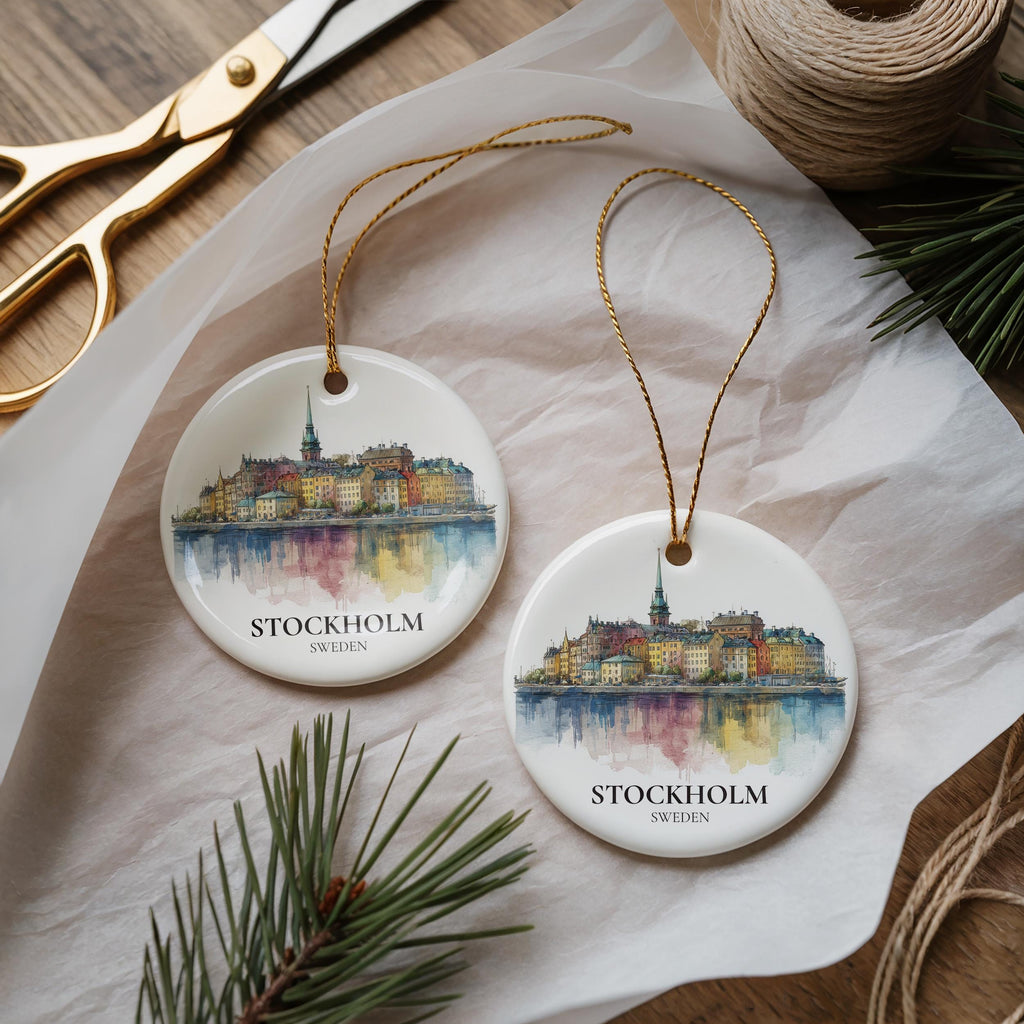 Stockholm Sweden Personalized Watercolor Ornament, Custom Ceramic Christmas gift, Travel Keepsake