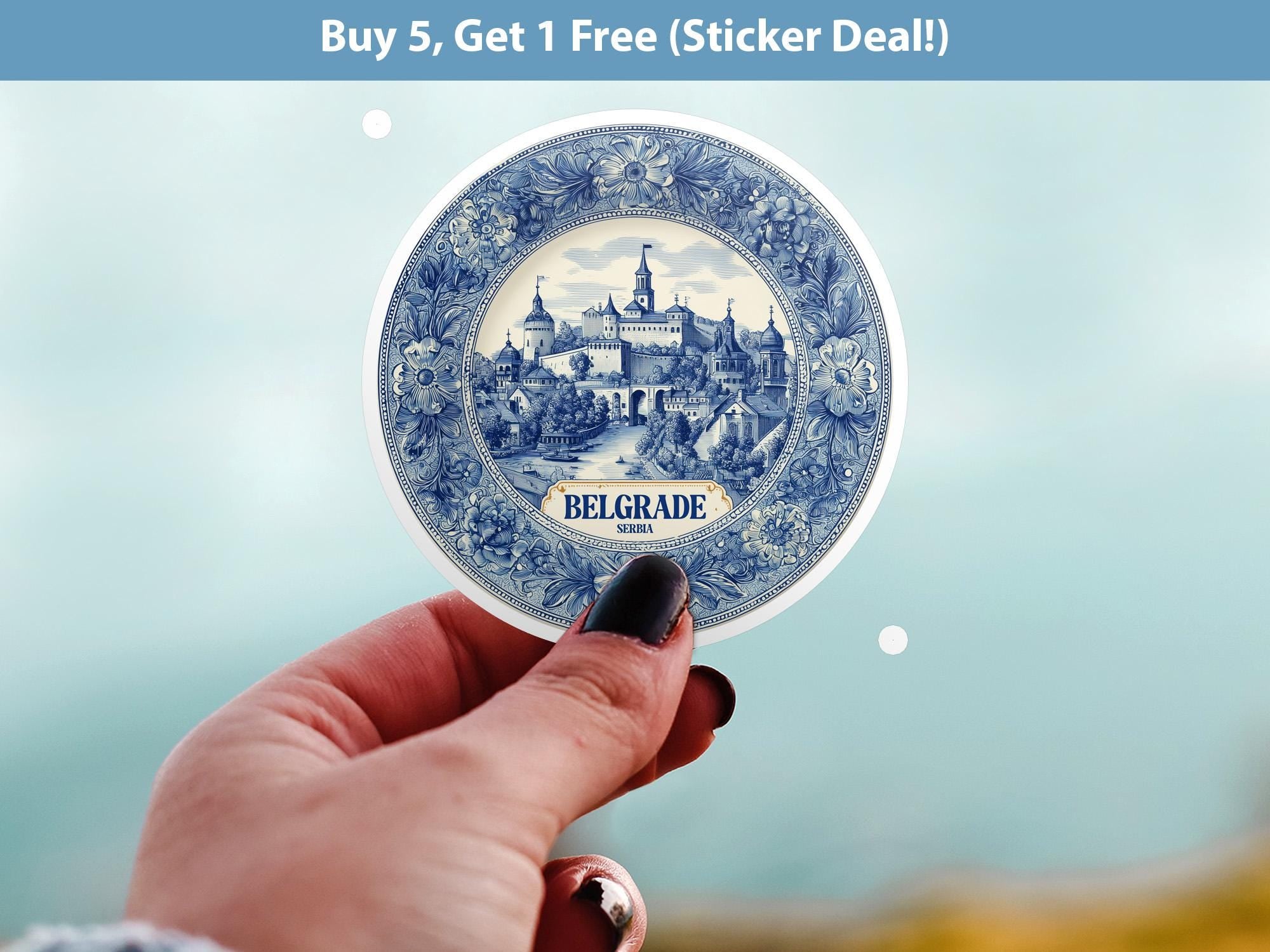 Belgrade Serbia Sticker Vintage Delft style, Delftware Decal Waterproof Vinyl, Blue City Travel
