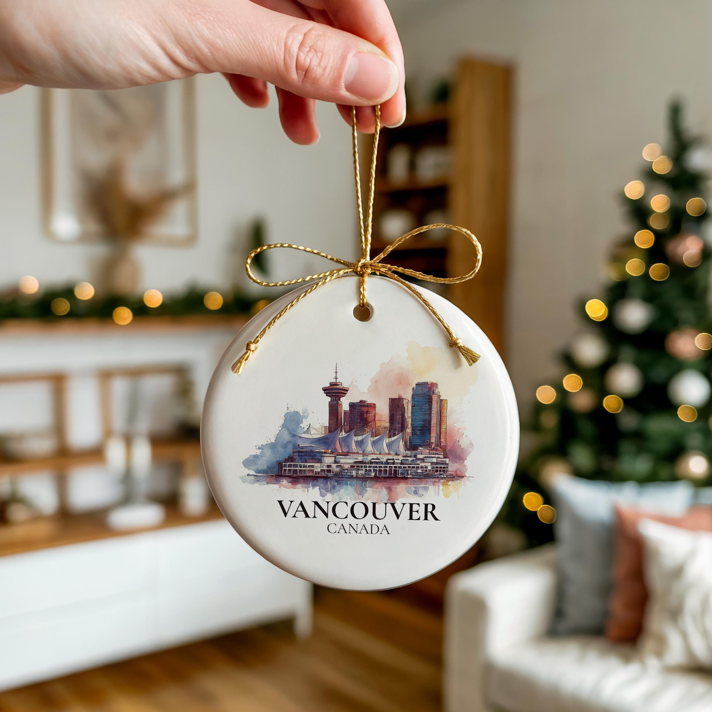Vancouver Canada Personalized Watercolor Ornament, Custom Ceramic Christmas gift, Travel Keepsake