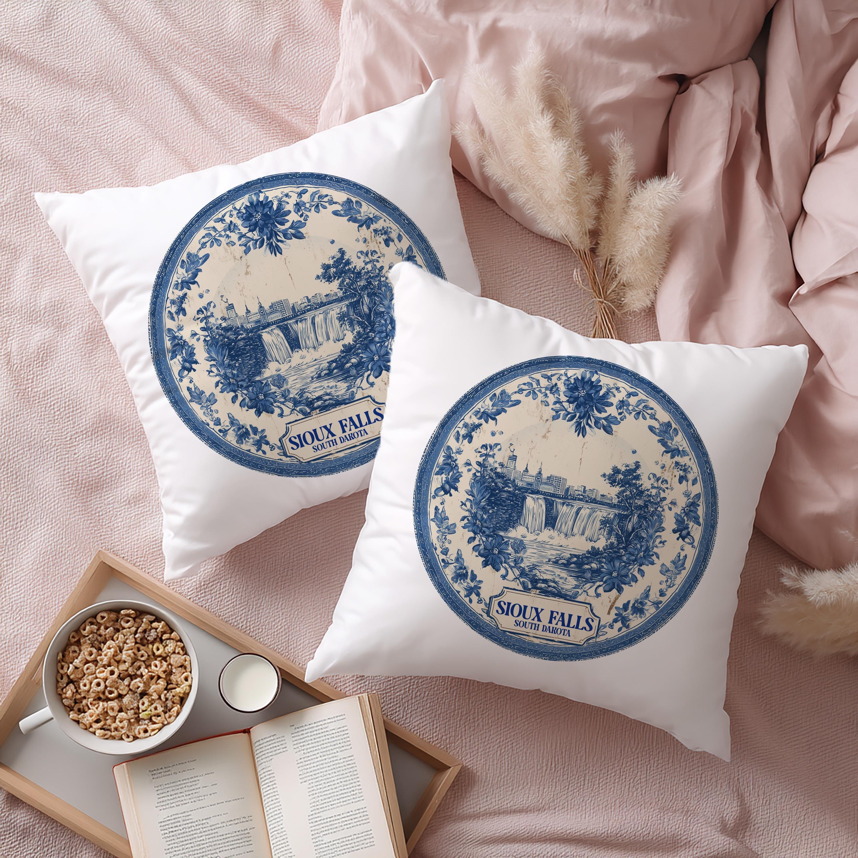 Sioux Falls South Dakota Pillowcase, Delft Style Decorative Throw Pillow, Vintage Cityscape Retro Home Decor