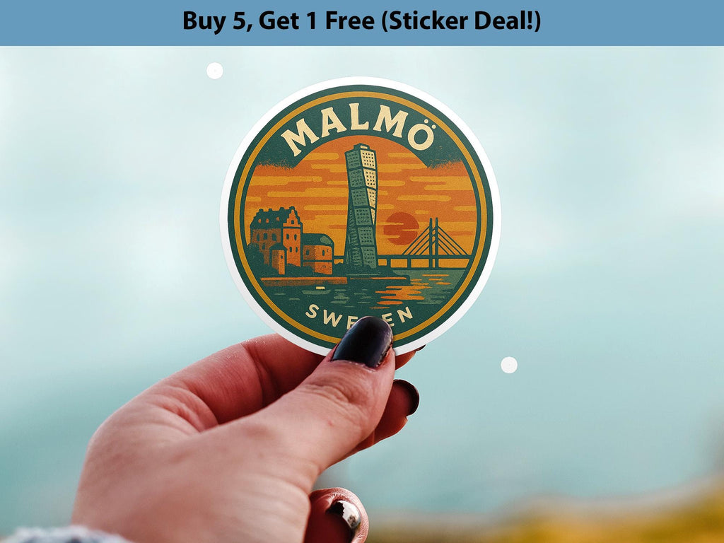 Malmo Sweden Sticker Kiss-Cut Vinyl, Waterproof Decal, Retro Travel Lover Collection