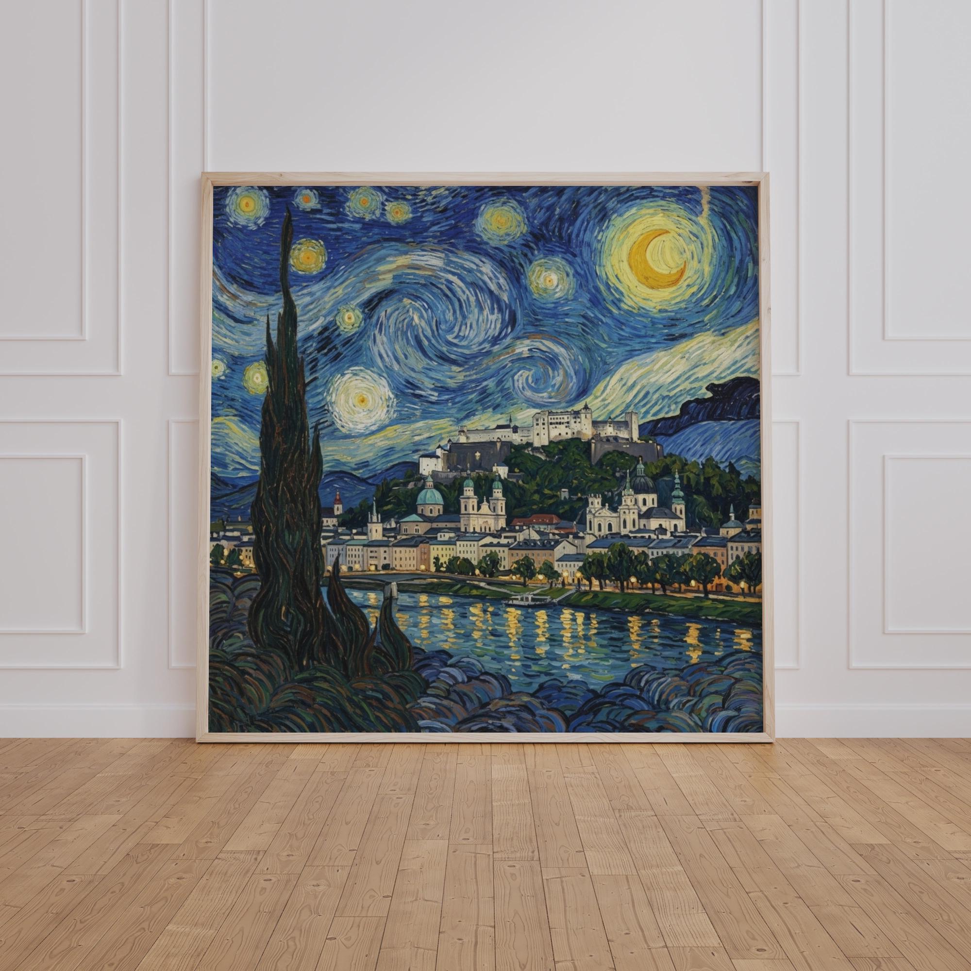 Salzburg Starry Night Wall Art, Van Gogh Style Framed Canvas, Austria City Print