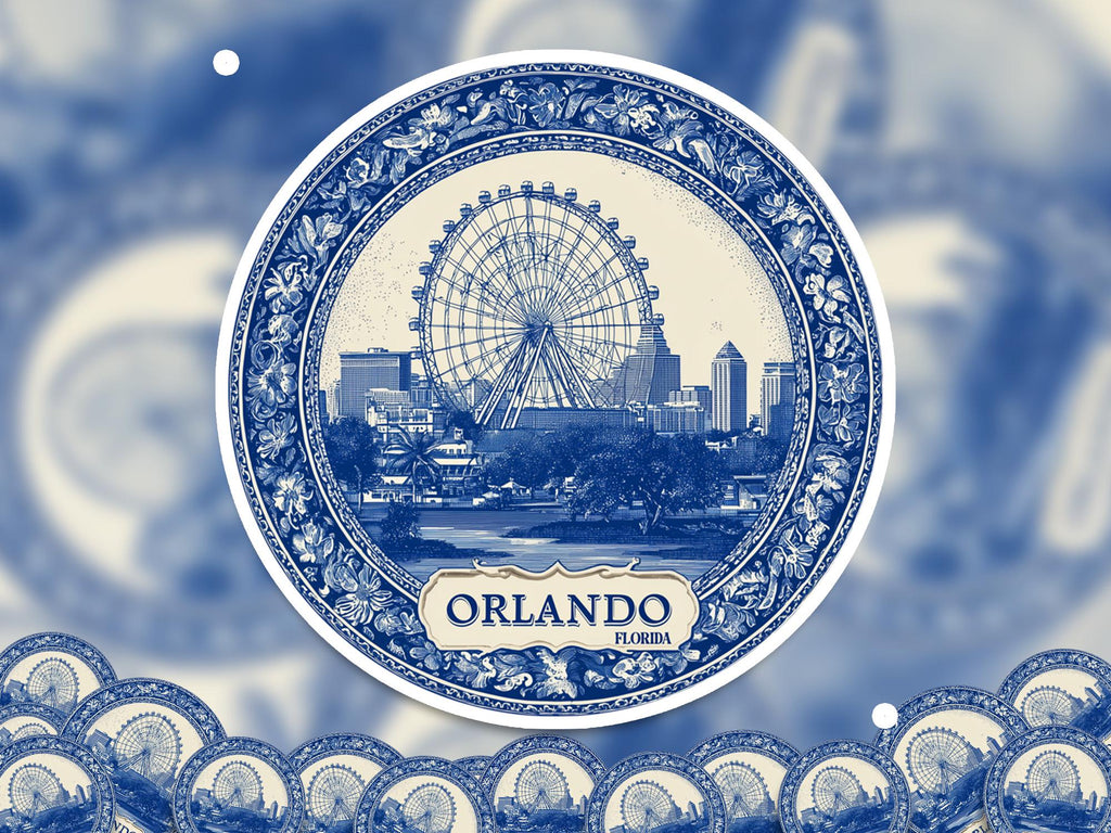 Orlando Florida Sticker Vintage Delft style, Delftware Decal Waterproof Vinyl, Blue City Travel