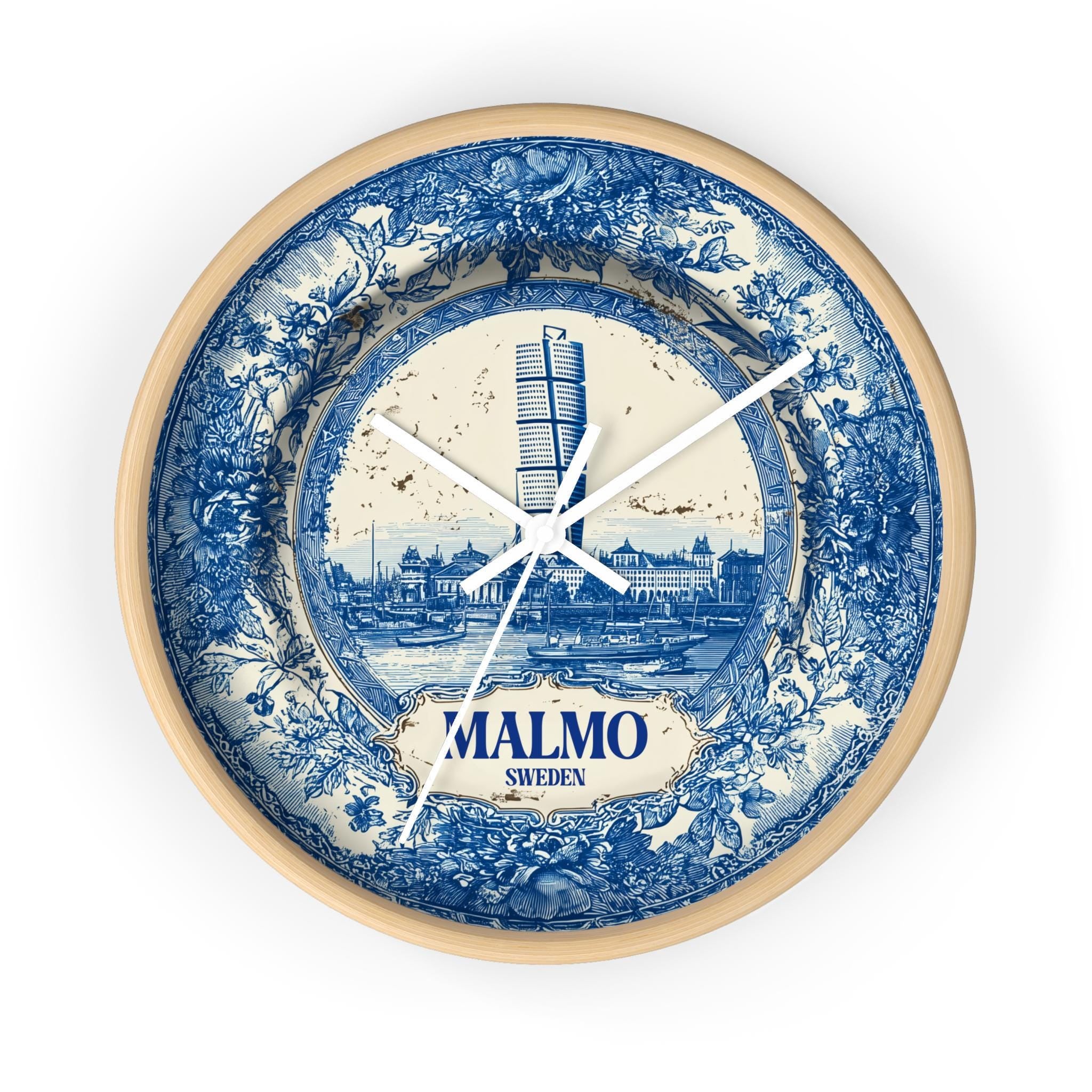 Malmo Sweden Wall Clock, Delf style Home Decor, Vintage City Travel Keepsake Art