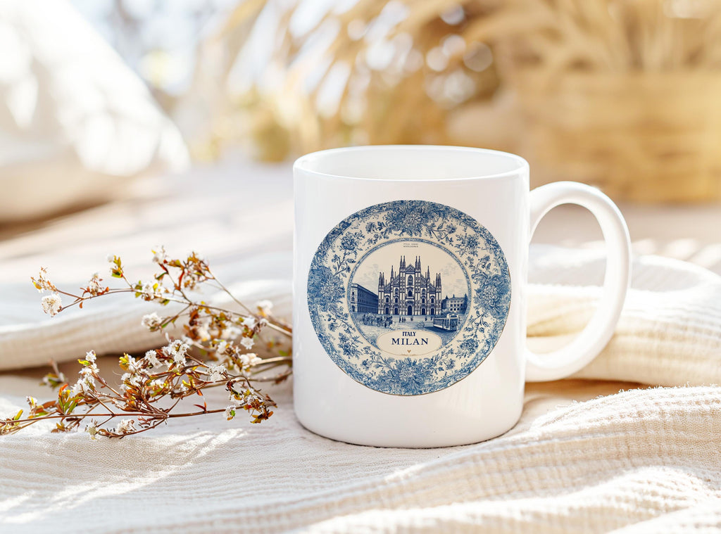 Milan Italy Mug, Custom Delft Style cup, Personalized Vintage Travel City Gift