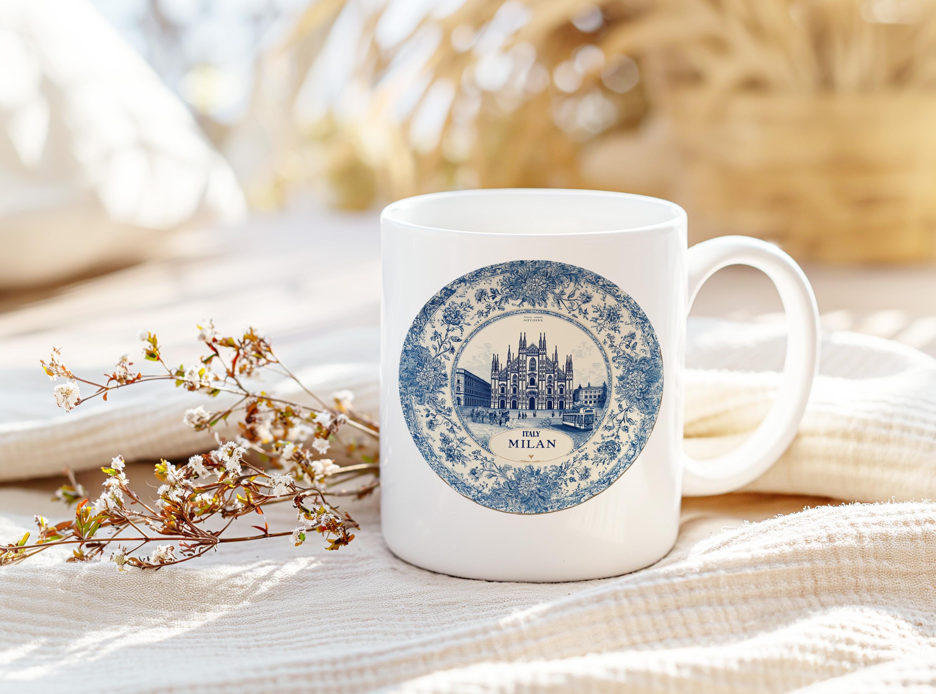 Milan Italy Mug, Custom Delft Style cup, Personalized Vintage Travel City Gift