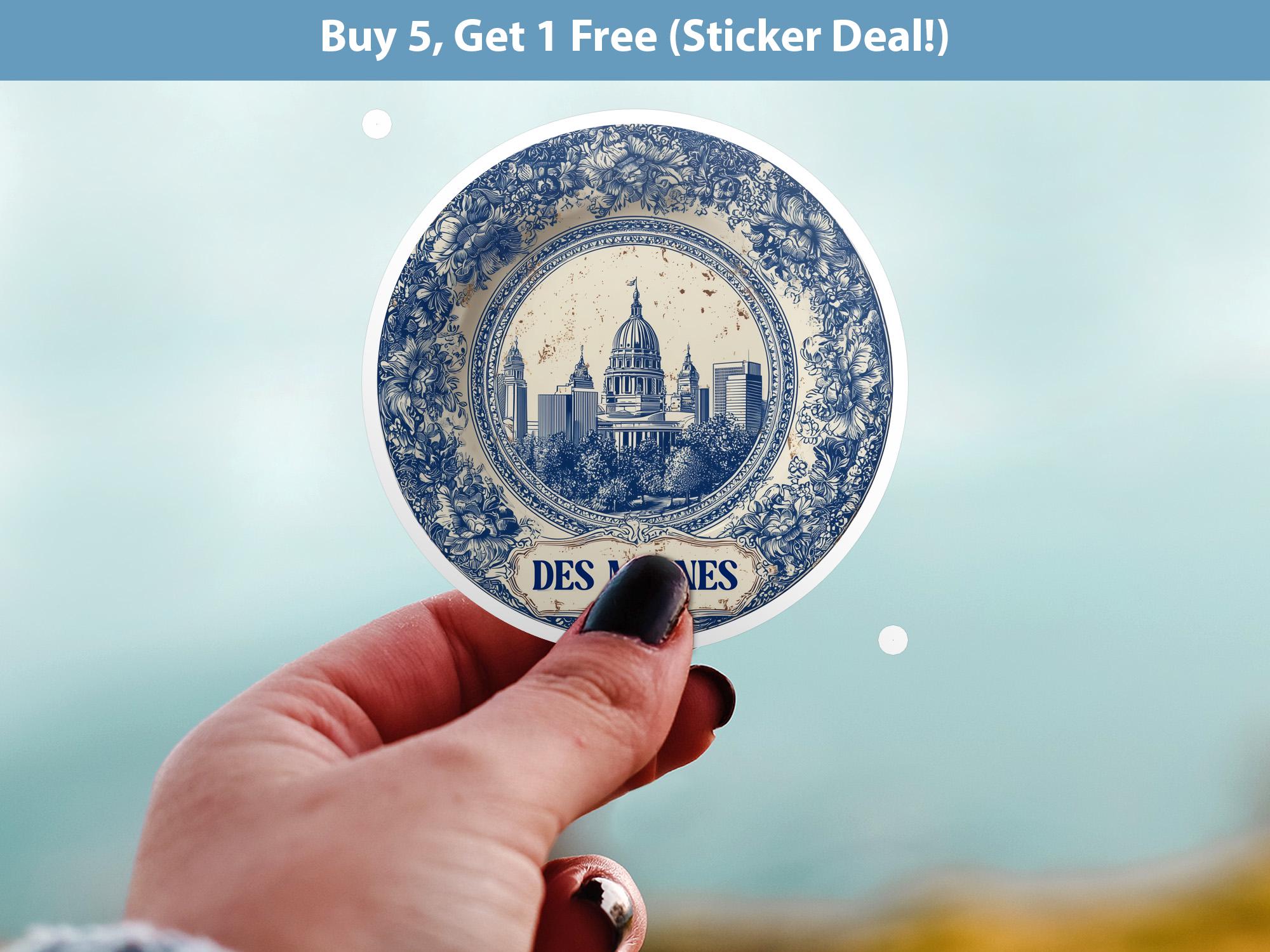 Des Moines Iowa Sticker Vintage Delft style, Delftware Decal Waterproof Vinyl, Blue City Travel USA