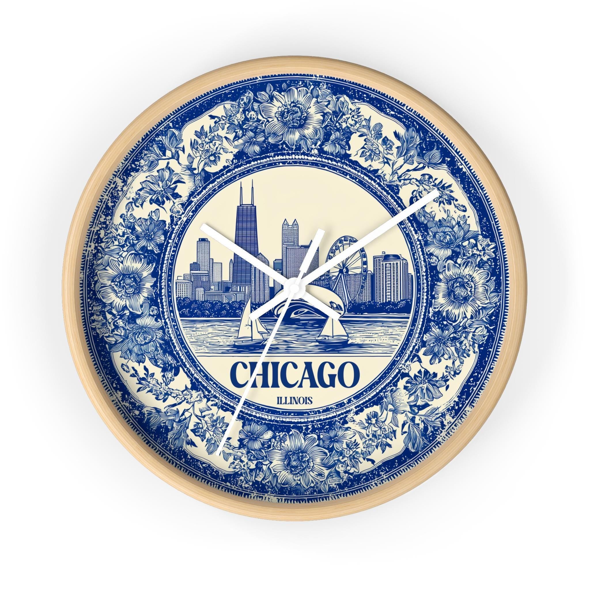 Chicago Illinois Wall Clock, Delf style Home Decor, Vintage City Travel Keepsake Art