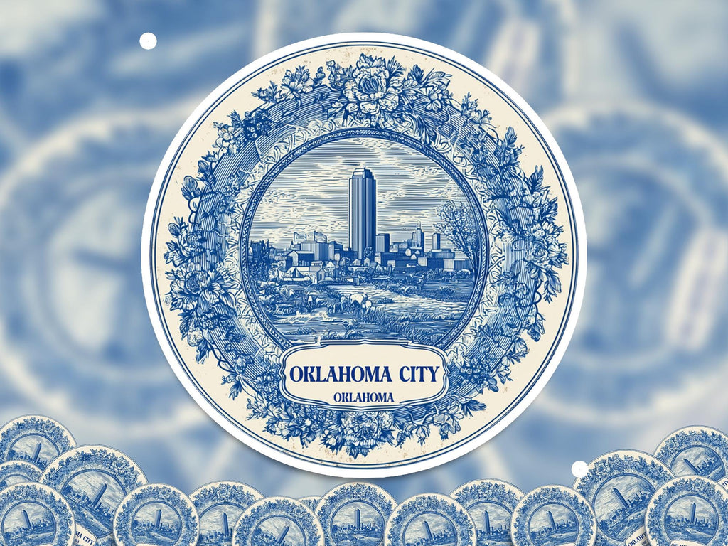 Oklahoma City Sticker Vintage Delft style, Delftware Decal Waterproof Vinyl, Blue City Travel
