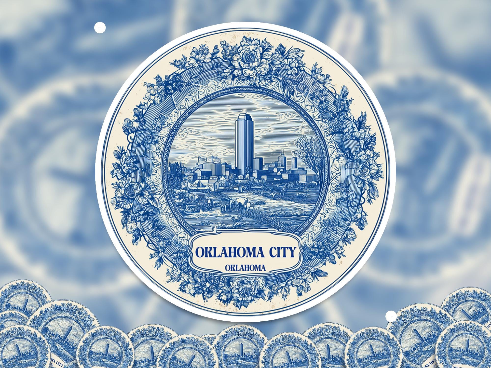 Oklahoma City Sticker Vintage Delft style, Delftware Decal Waterproof Vinyl, Blue City Travel