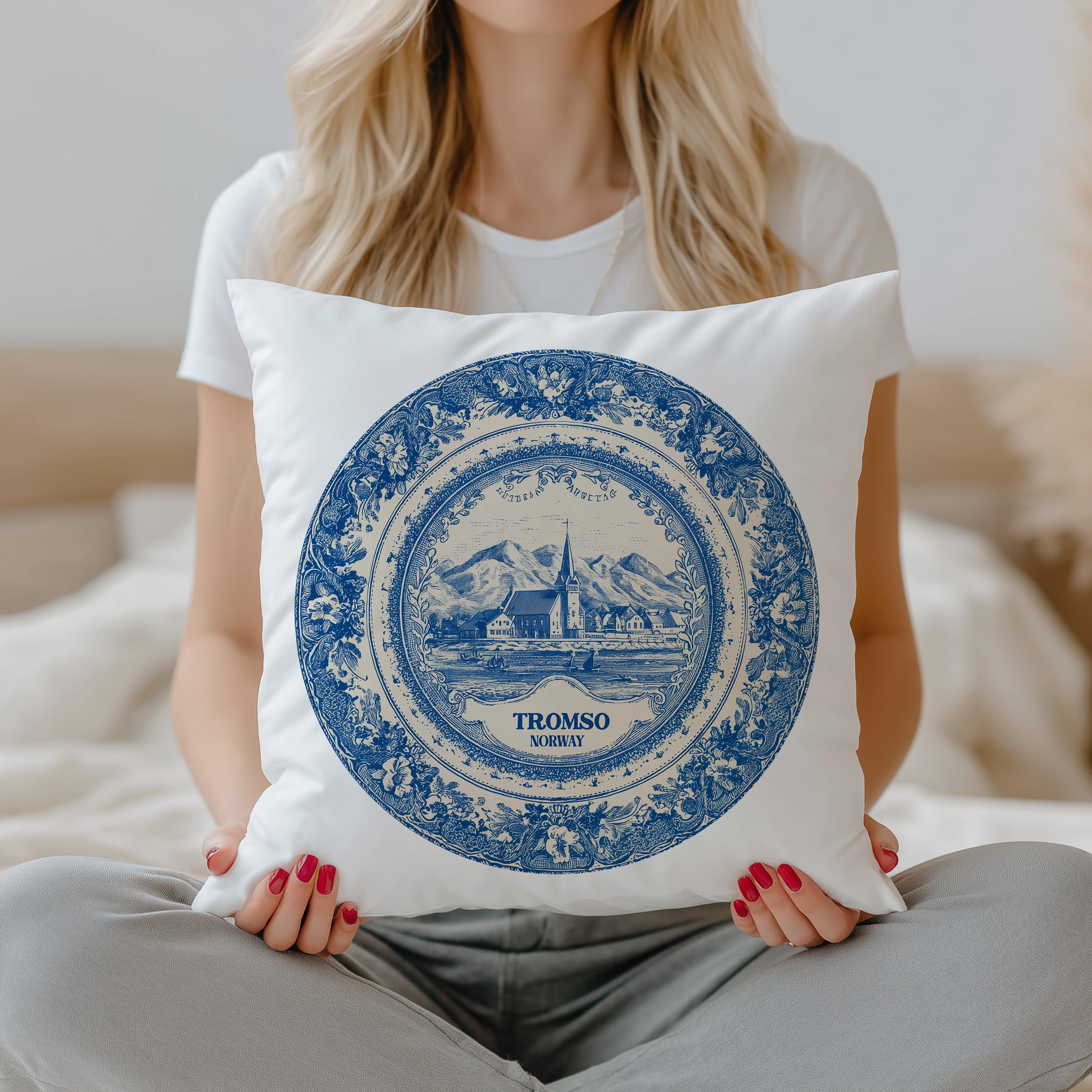 Tromso Norway Pillowcase, Delft Style Decorative Throw Pillow, Vintage Cityscape Retro Home Decor
