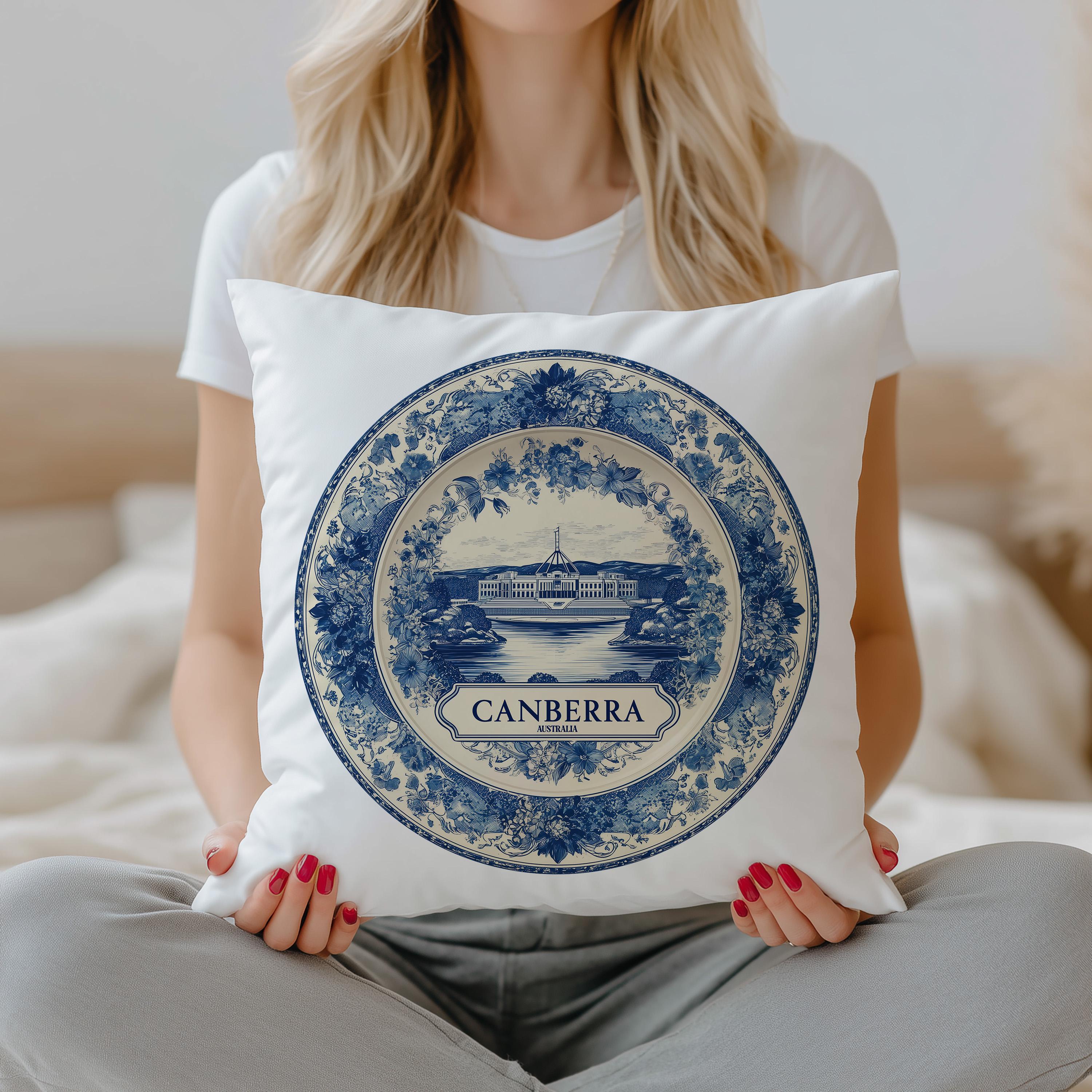 Canberra Australia Pillowcase, Delft Style Decorative Throw Pillow, Vintage Cityscape Retro Home Decor