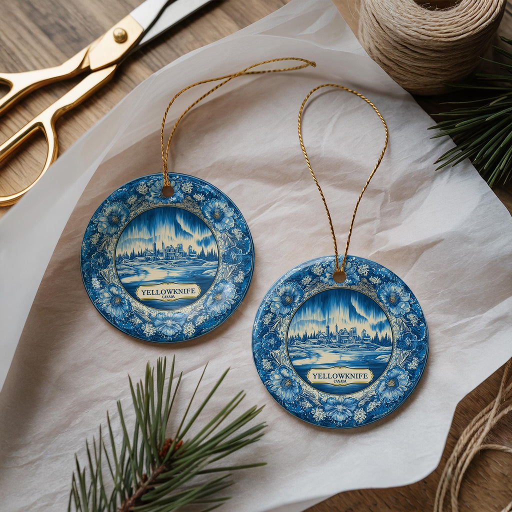 Custom Yellowknife Canada Ceramic Delft Ornament, Christmas Delftware Blue Delftware city travel