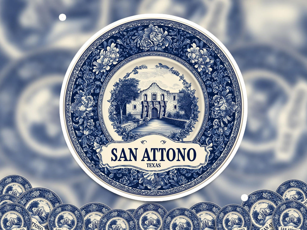 San Antonio Texas Sticker Vintage Delft style, Delftware Decal Waterproof Vinyl, Blue City Travel