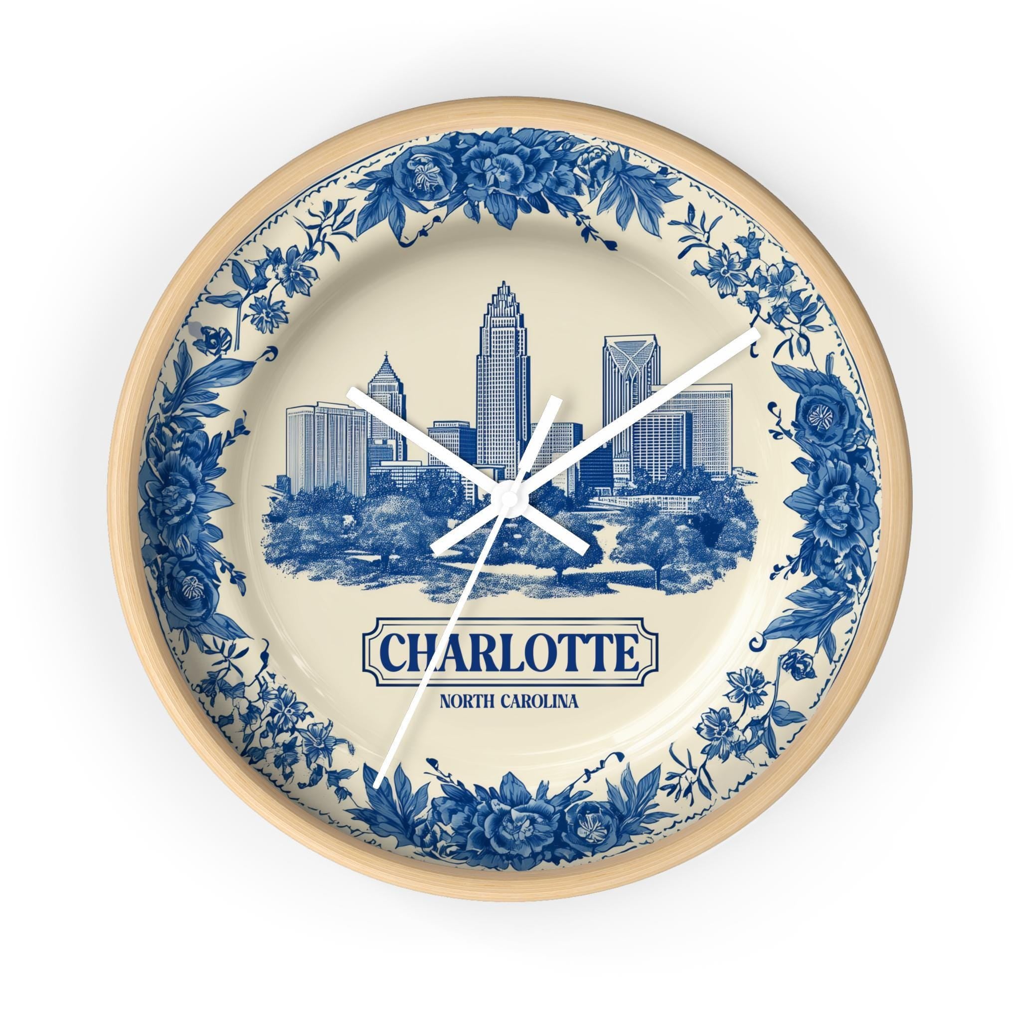 Charlotte North Carolina Wall Clock, Delf style Home Decor, Vintage City Travel Keepsake Art