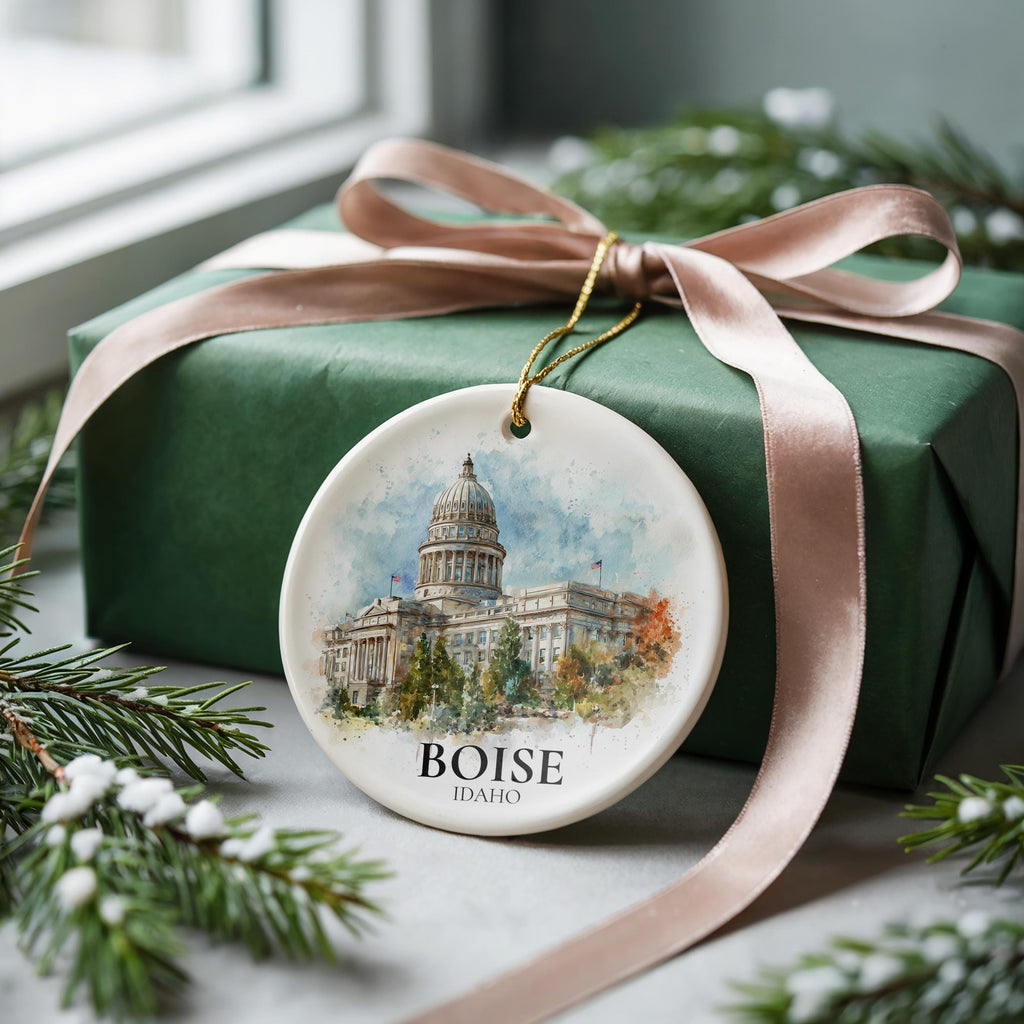 Boise Idaho Personalized Watercolor Ornament, Custom Ceramic Christmas gift, Travel Keepsake