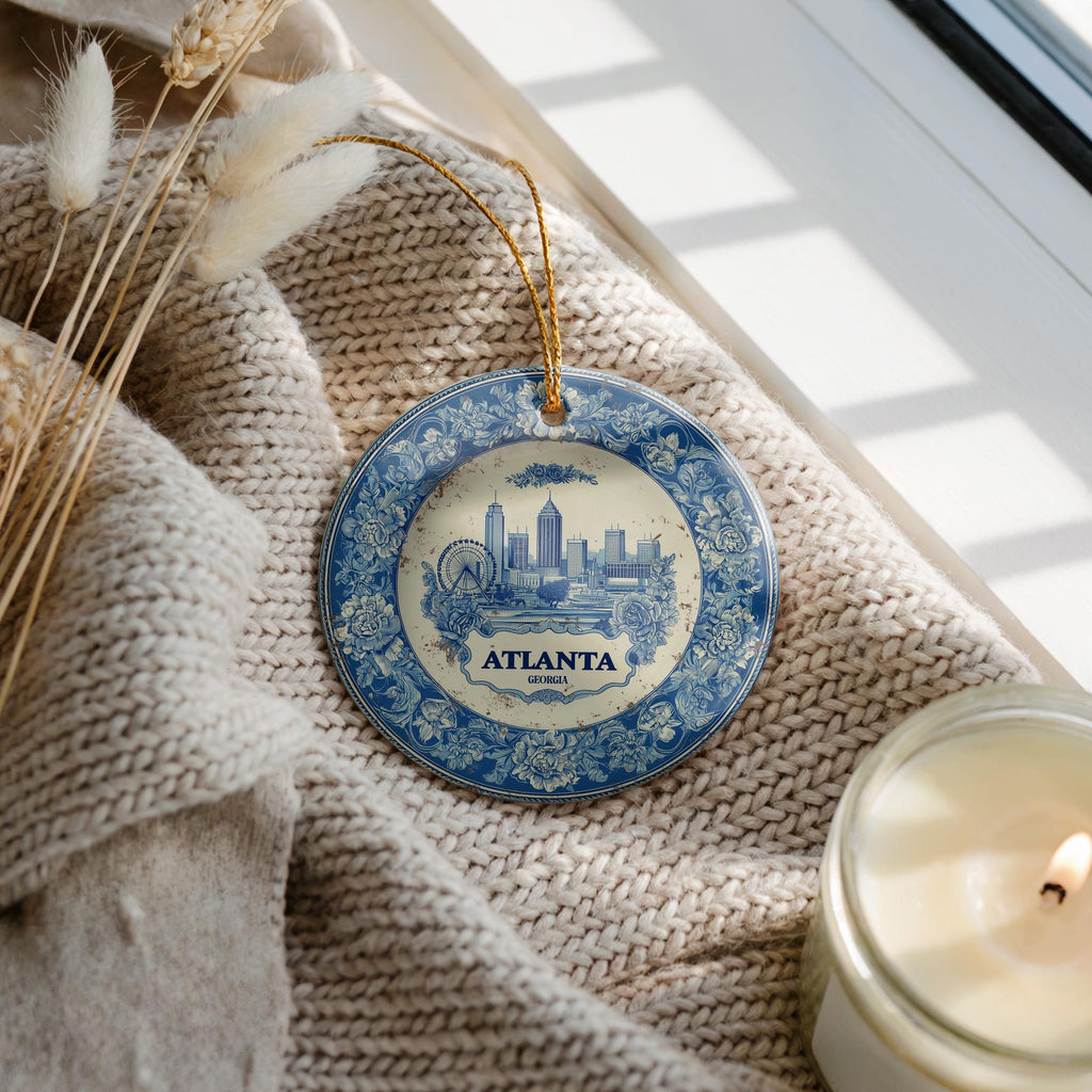 Custom Atlanta Georgia Ceramic Delft Ornament, Christmas Delftware Blue Delftware city travel