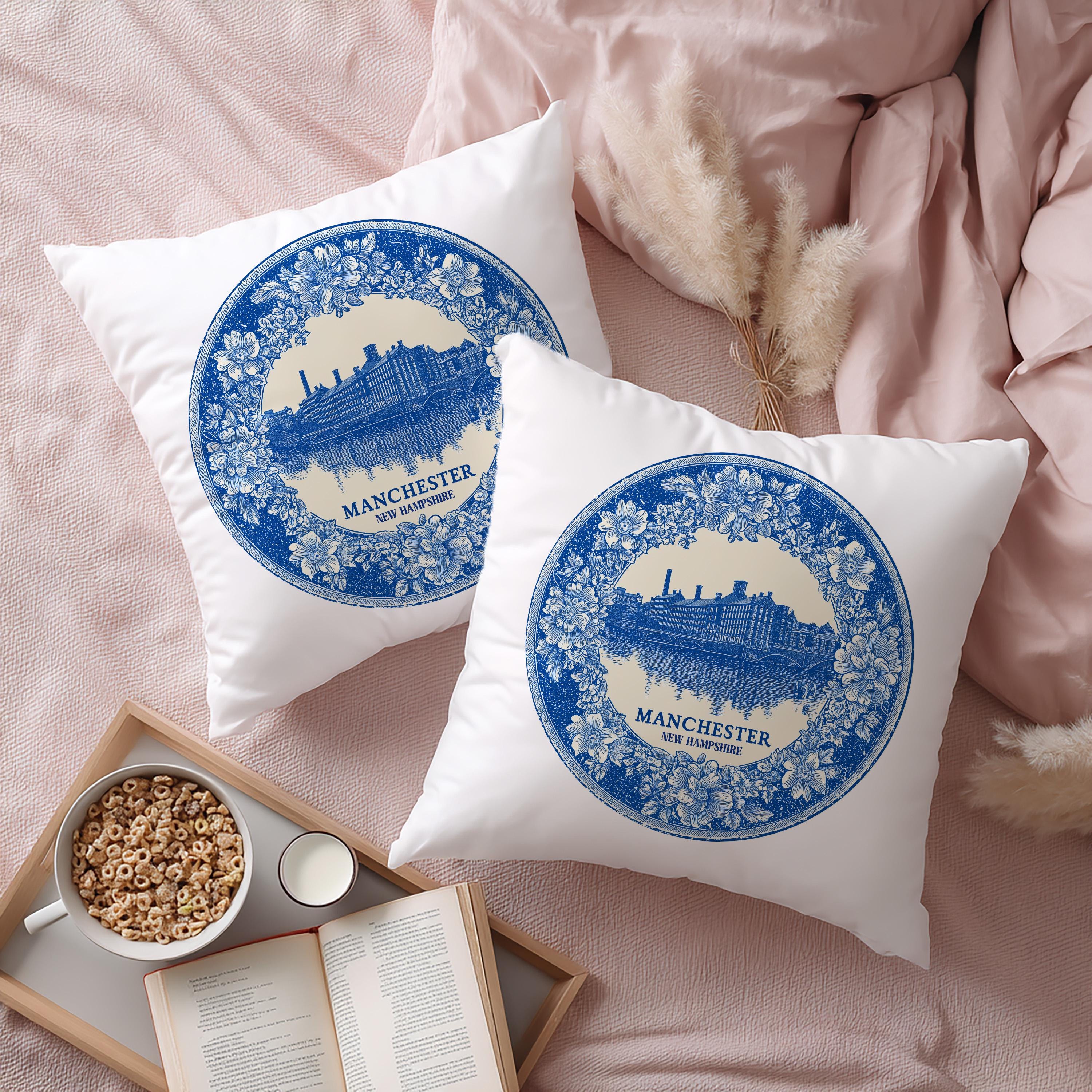 Manchester New Hampshire Pillowcase, Delft Style Decorative Throw Pillow, Vintage Cityscape Retro Home Decor