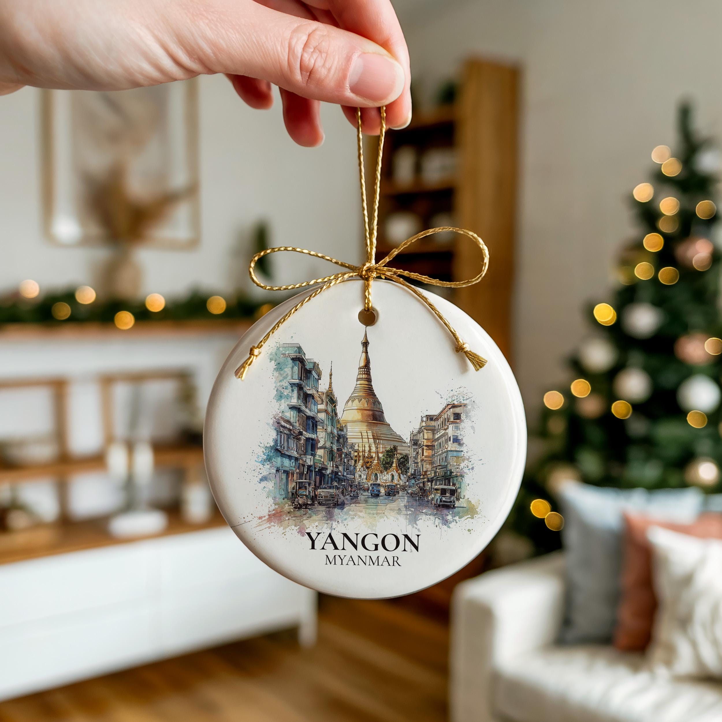 Yangon Myanmar Personalized Watercolor Ornament, Custom Ceramic Christmas gift, Travel Keepsake